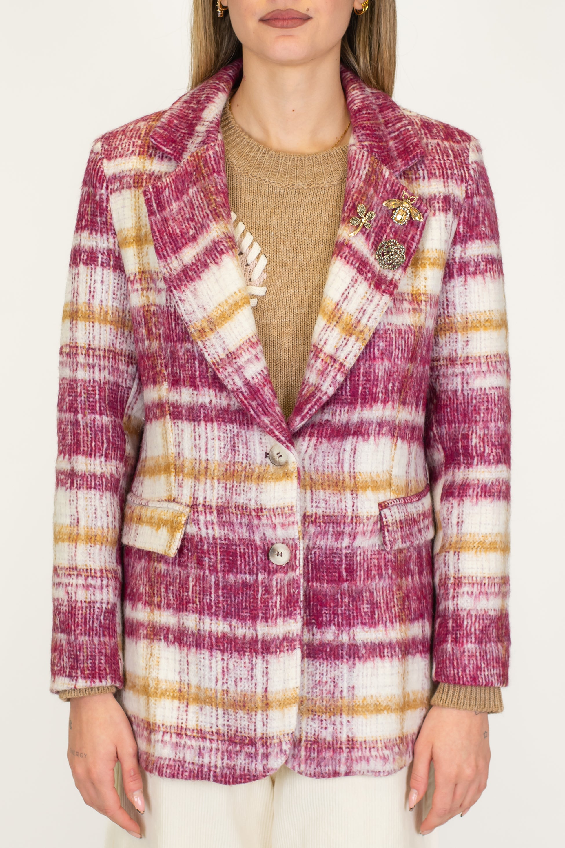 Motel - Giacca monopetto fantasia check in misto lana con spille