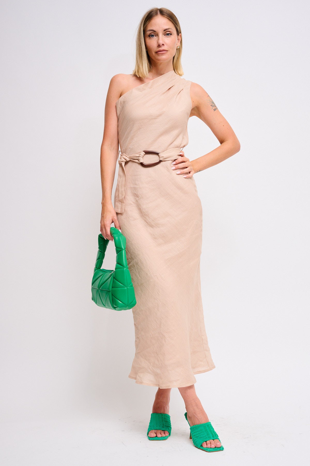 Maryley - Abito lungo monospalla in lino con cintura in vita