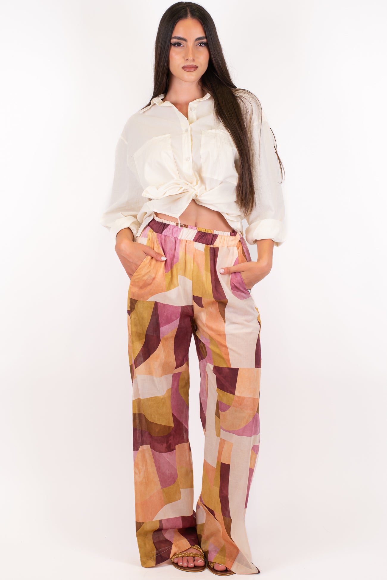 Maryley - Pantalone palazzo fantasia in mussola di cotone con elastico in vita