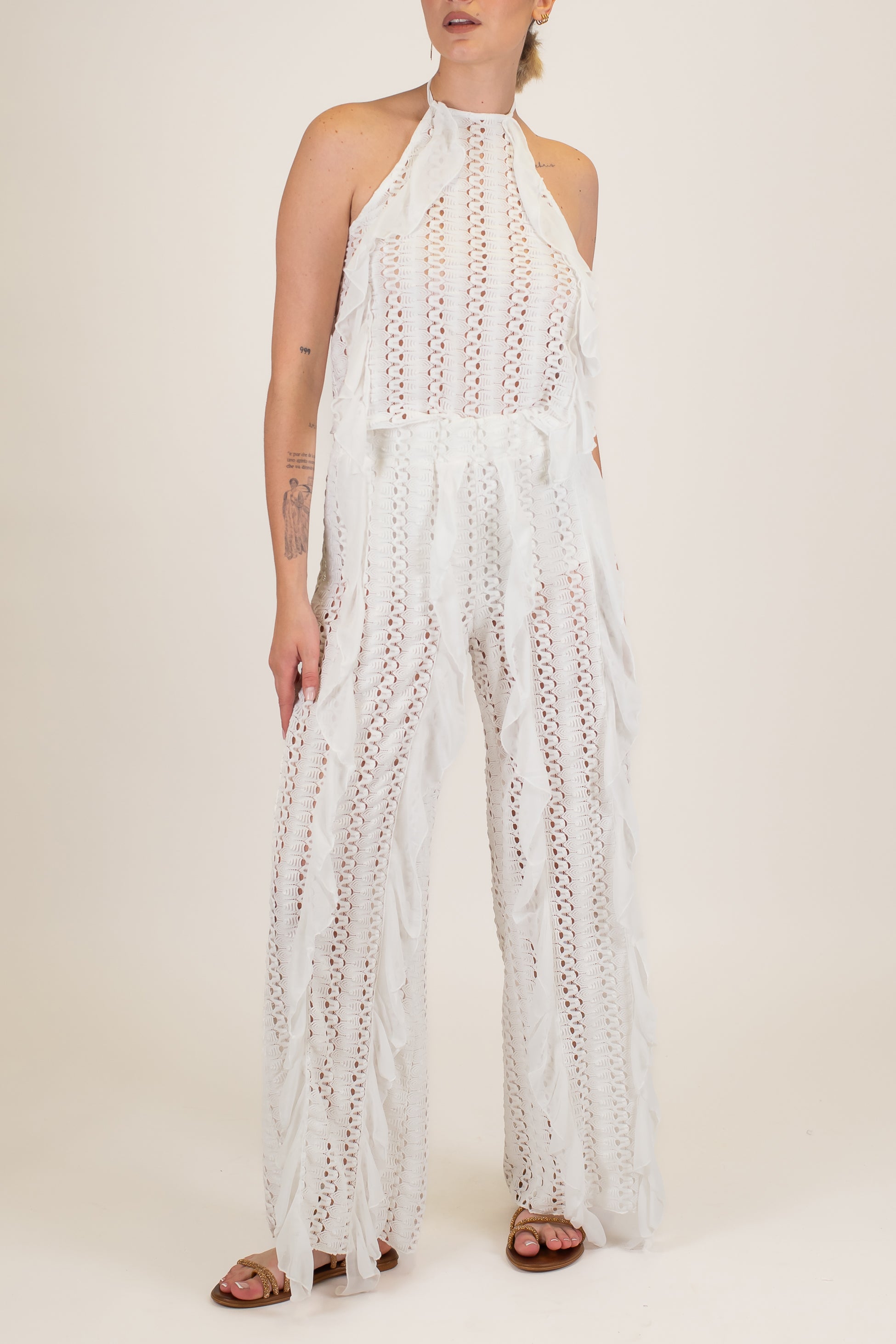 Haveone - Pantalone palazzo in crochet con rouches verticali