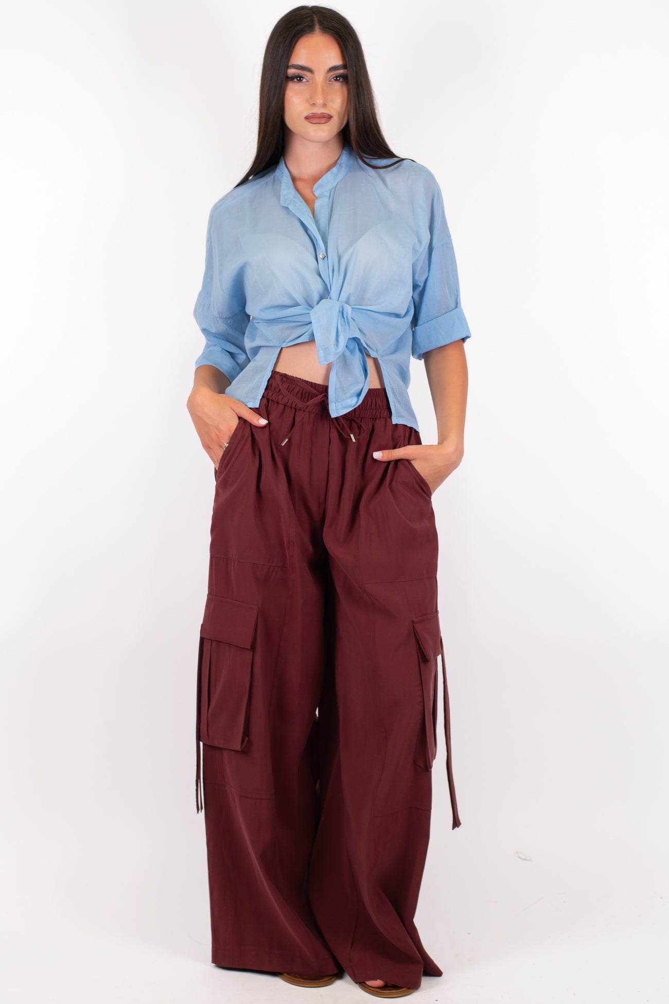 Tensione in - Pantalone palazzo cargo in viscosa leggera con coulisse