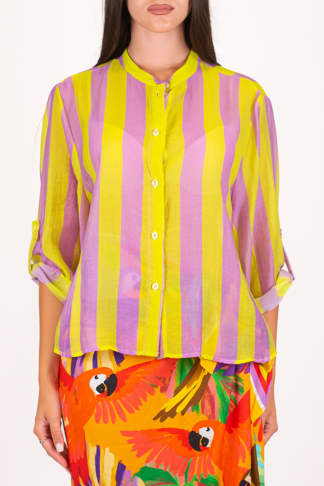 Haveone - Camicia fantasia a righe a contrasto in lyocell con manica tre quarti