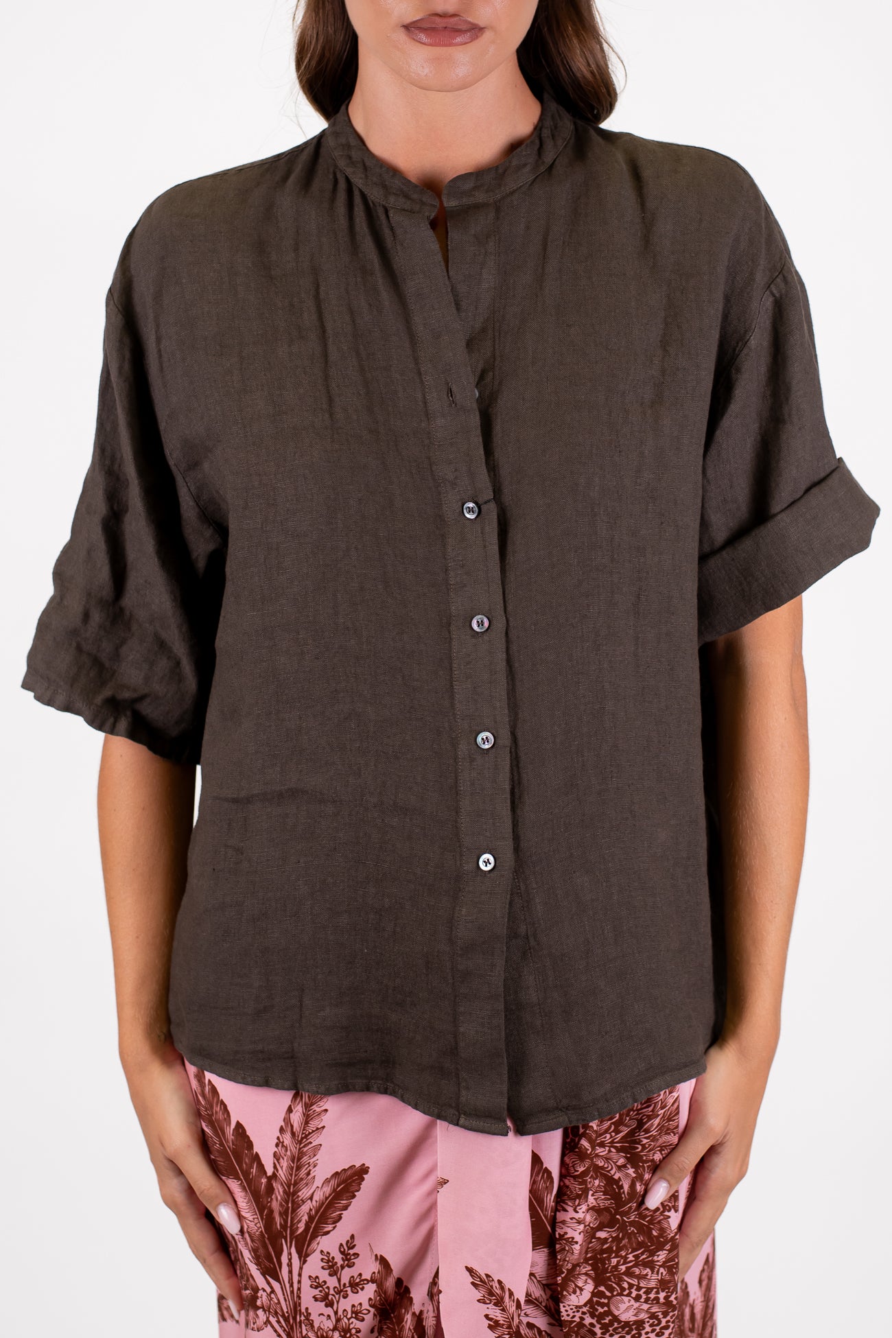 Dixie - Camicia mezzamanica in puro lino con collo coreano