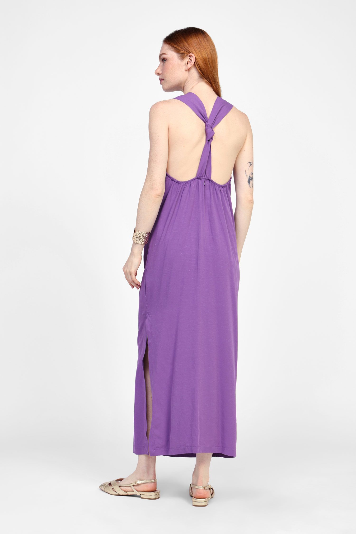 Dixie - Abito lungo giromaniche in misto viscosa e lino con scollo sul retro e treccia