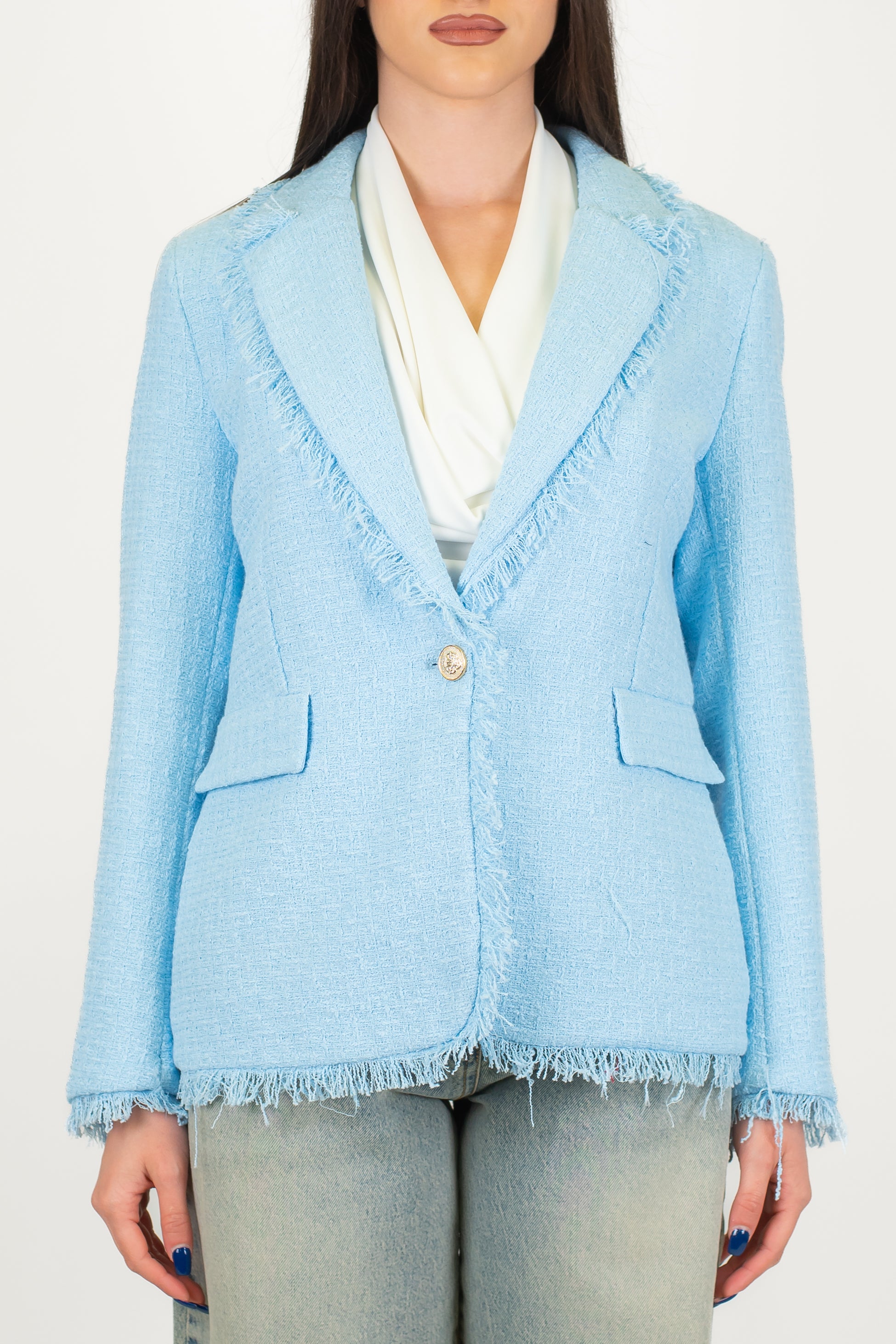 Tensione in - Giacca monopetto in tweed con profilo frange