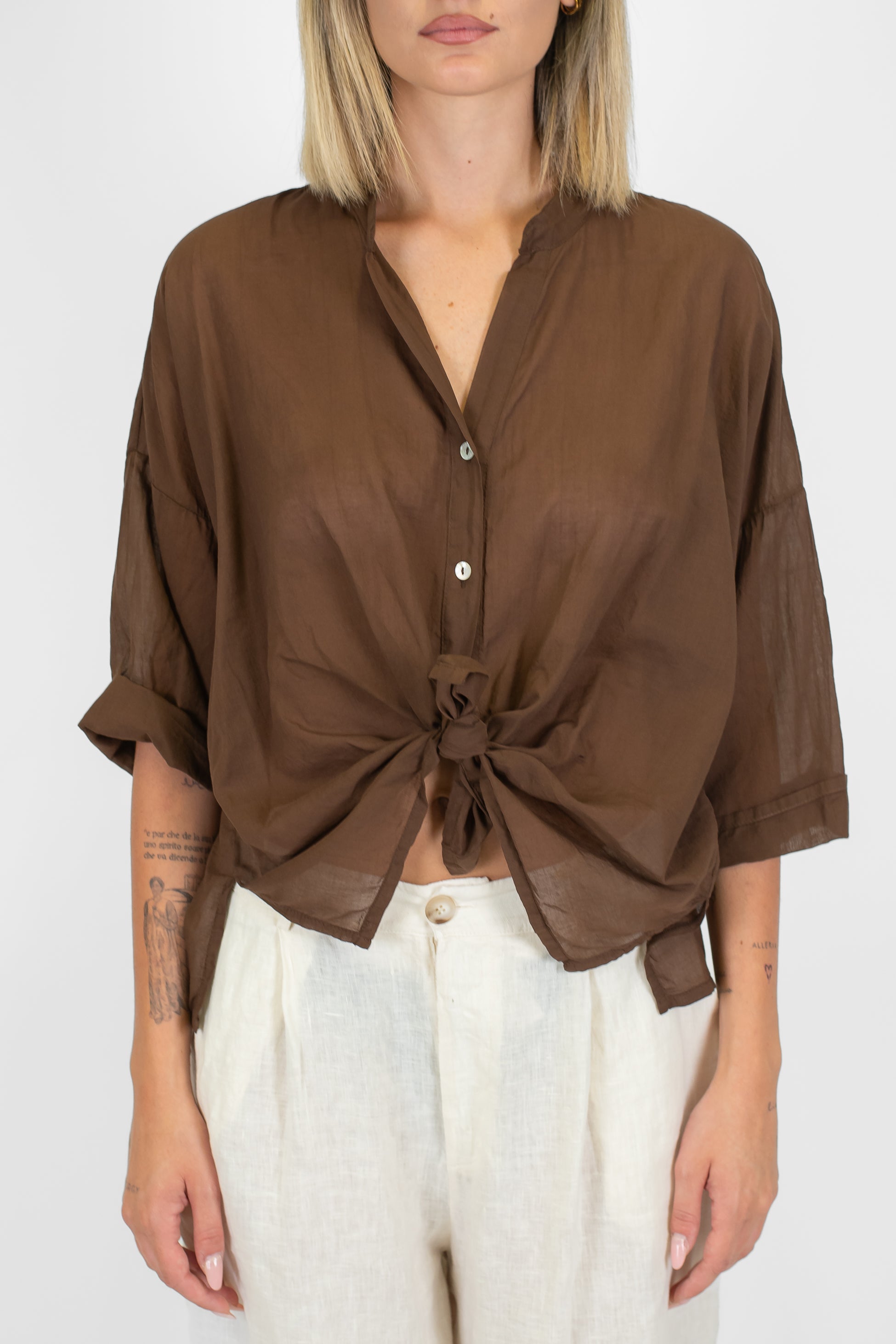 Haveone - Camicia in mussola di cotone con collo coreano e manica tre quarti