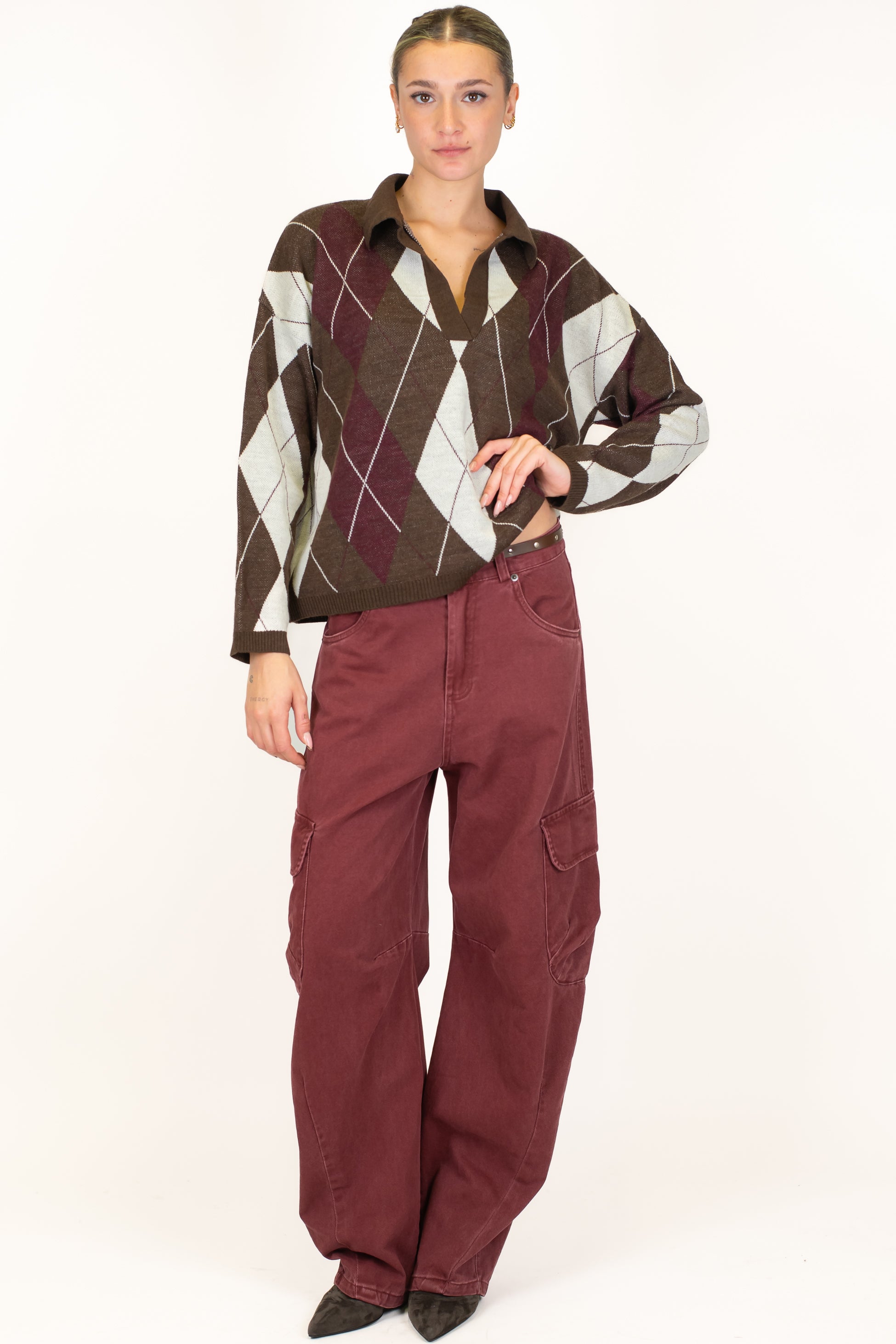 Motel - Polo in maglia fantasia rombi in misto lana