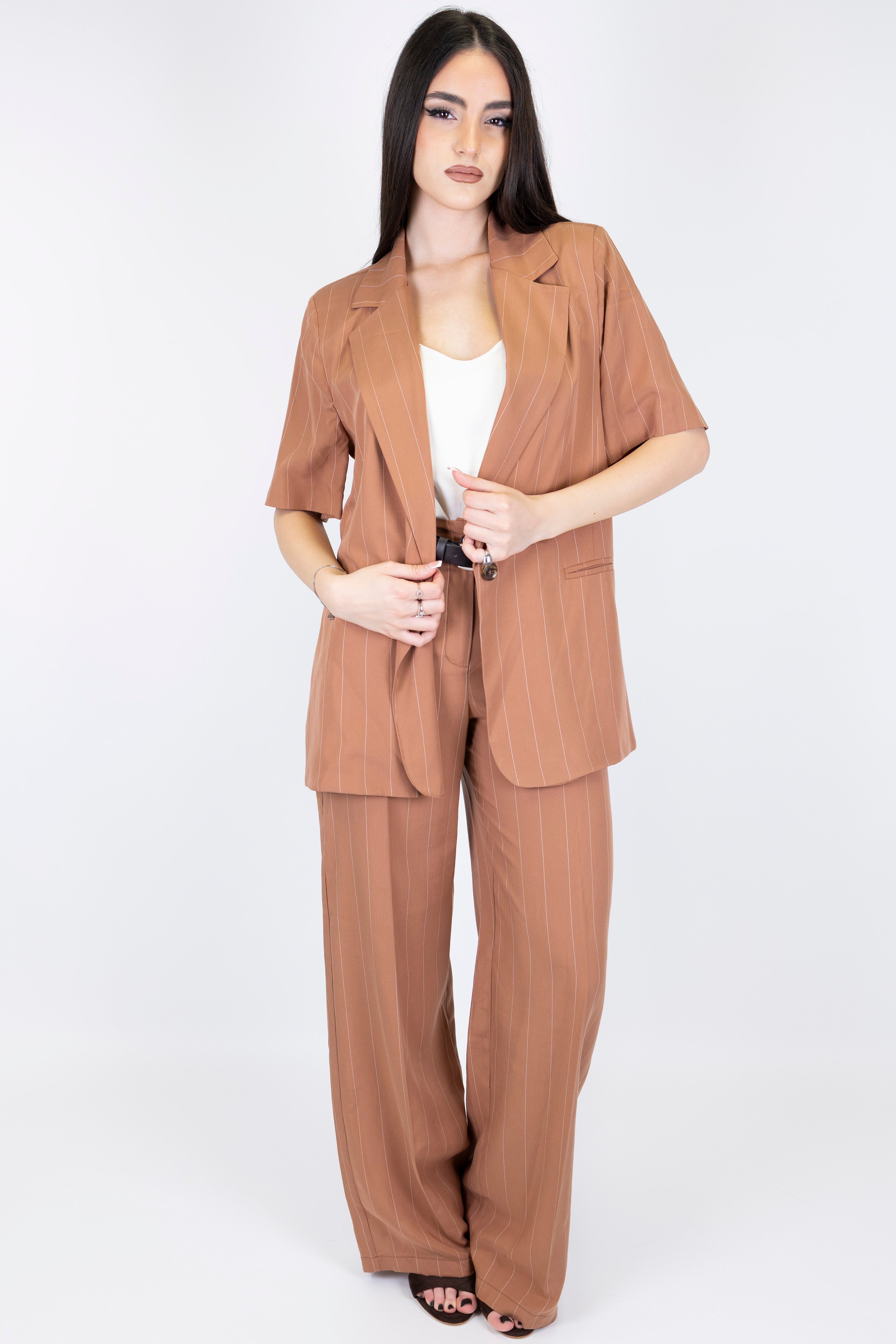 Haveone - Pantalone palazzo gessato in lyocell con elastico sul retro
