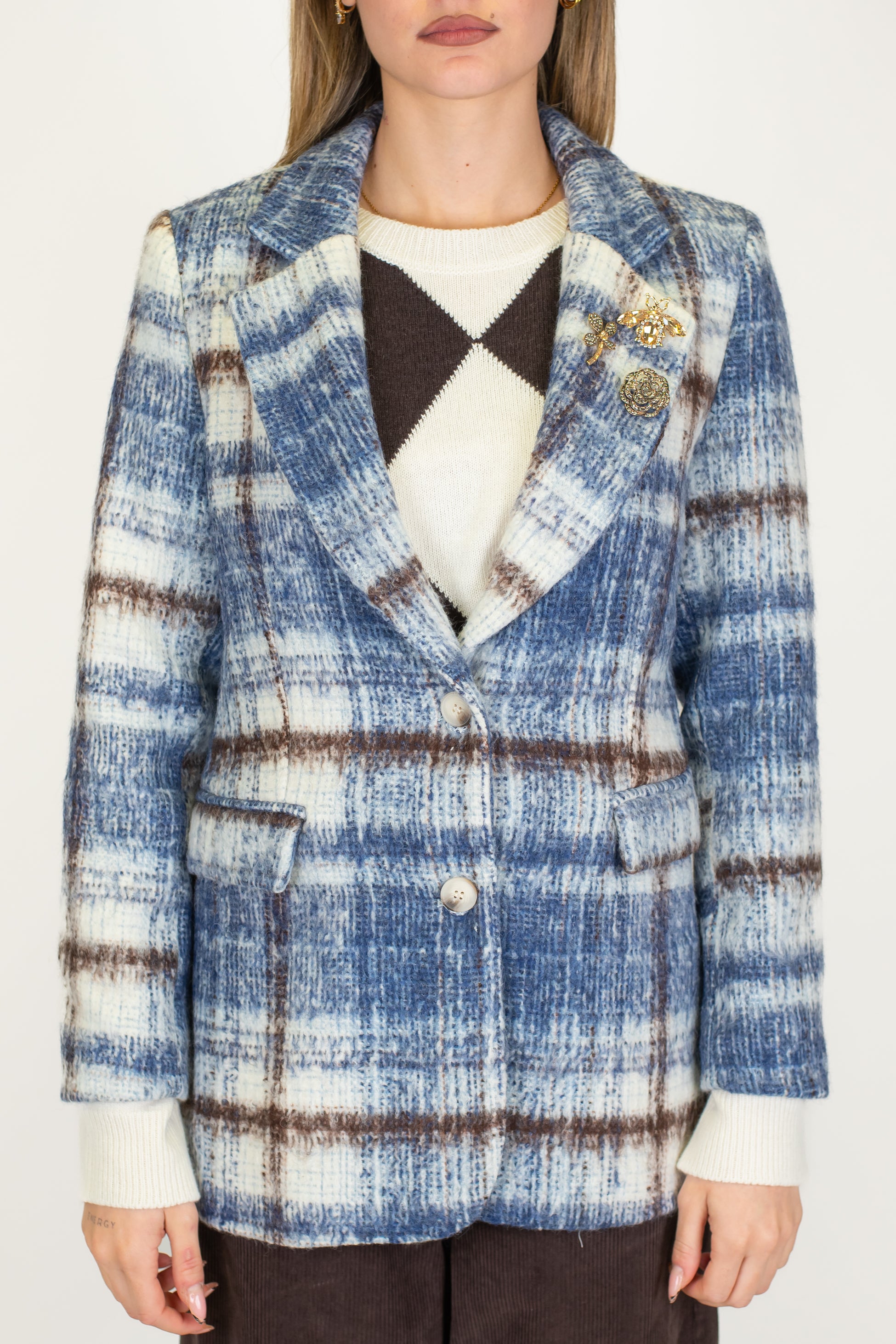 Motel - Giacca monopetto fantasia check in misto lana con spille