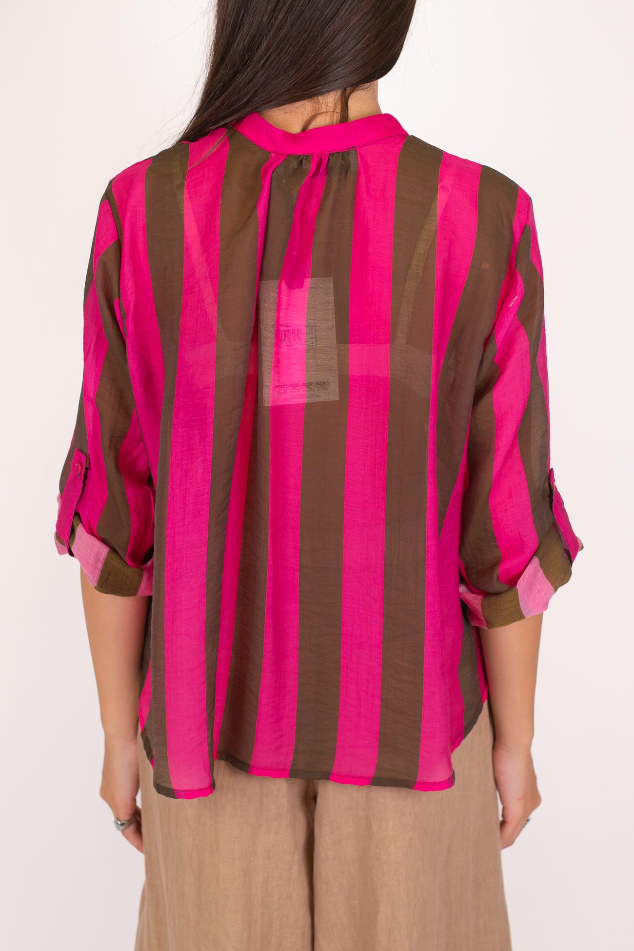 Haveone - Camicia fantasia a righe a contrasto in lyocell con manica tre quarti