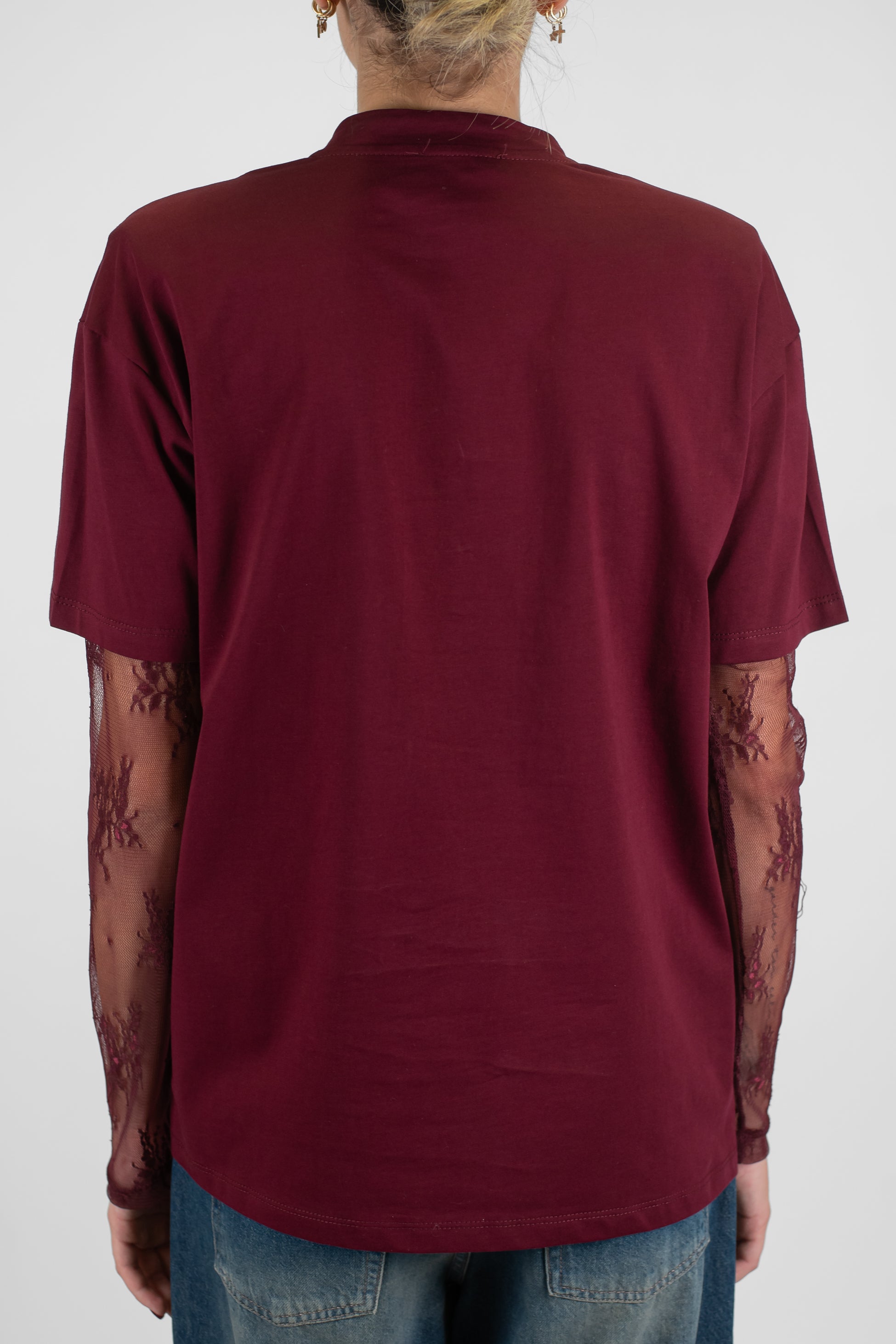 Dixie - T-shirt girocollo in cotone con spalline e maniche in pizzo