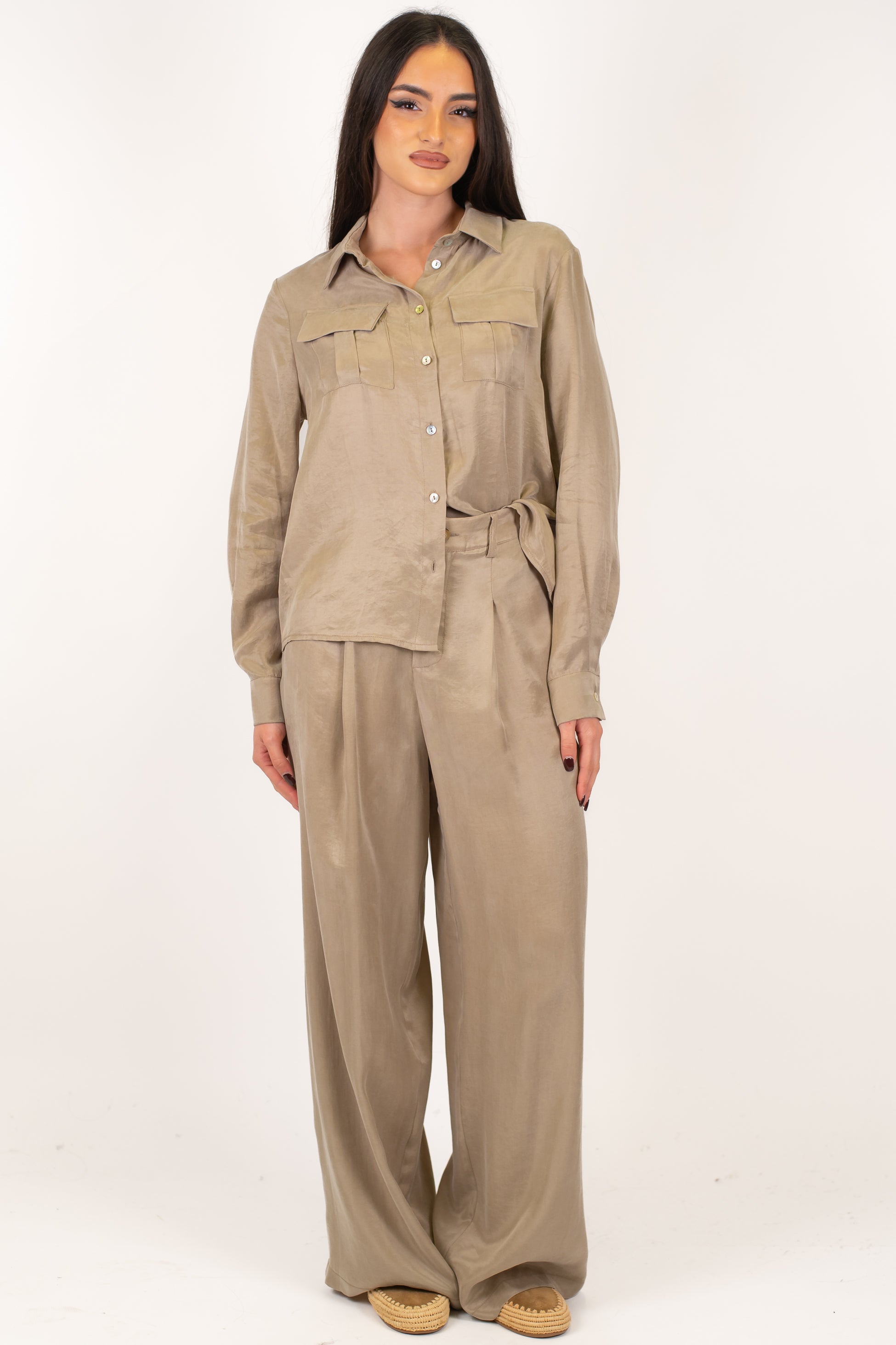 Tensione in - Pantalone palazzo in lyocell effetto seta con elastico sul retro