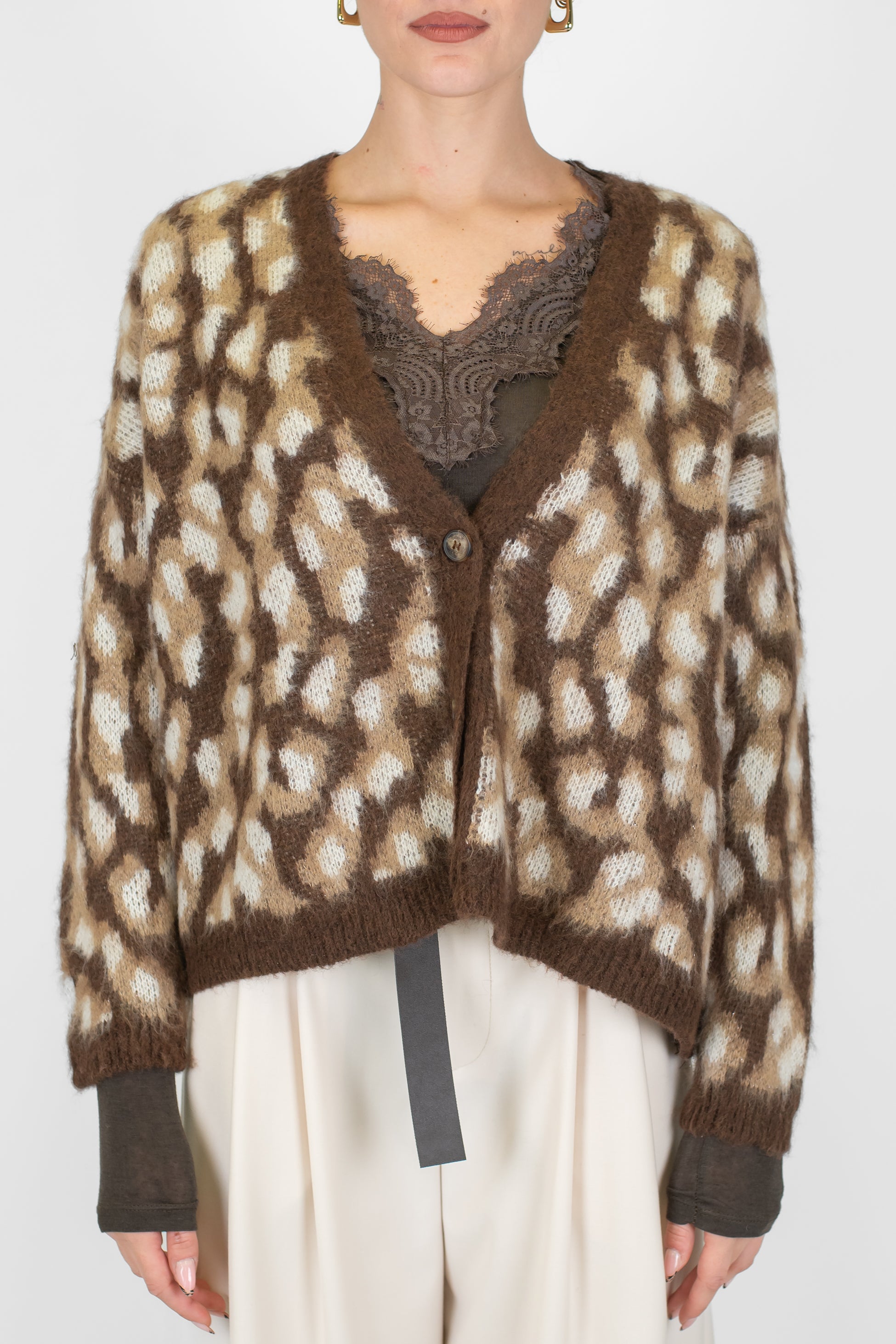 Haveone - Cardigan tre bottoni fantasia animalier in misto lana