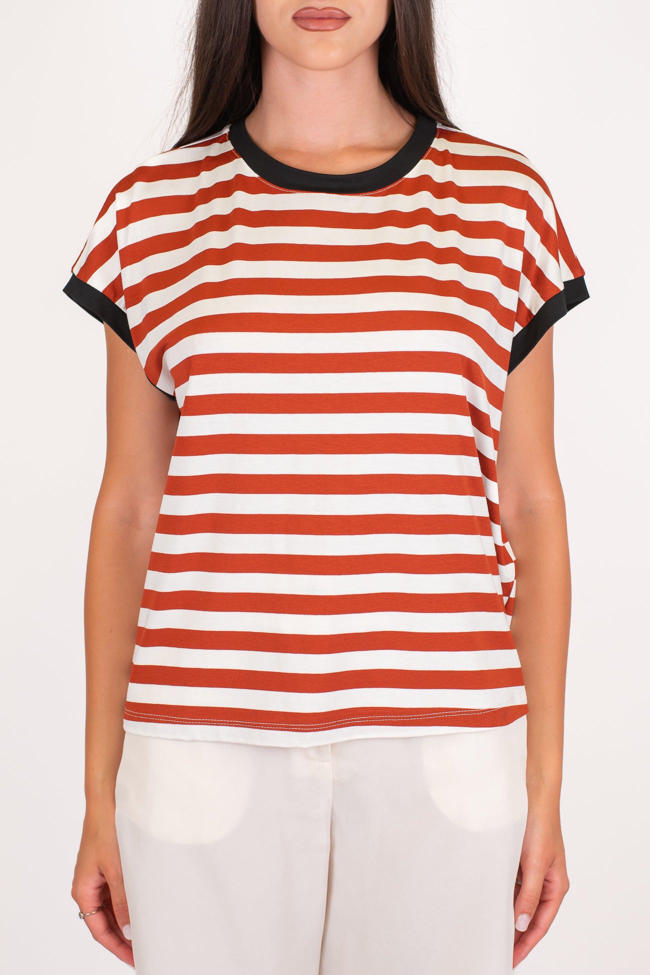 Dixie - T-shirt fantasia a righe in viscosa leggera con profili a contrasto