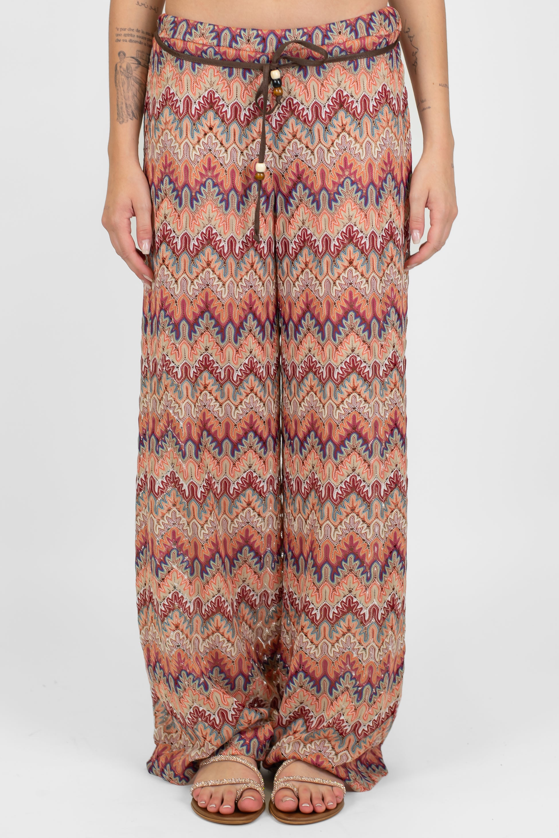 Motel - Pantalone palazzo fantasia zig zag con elastico in vita
