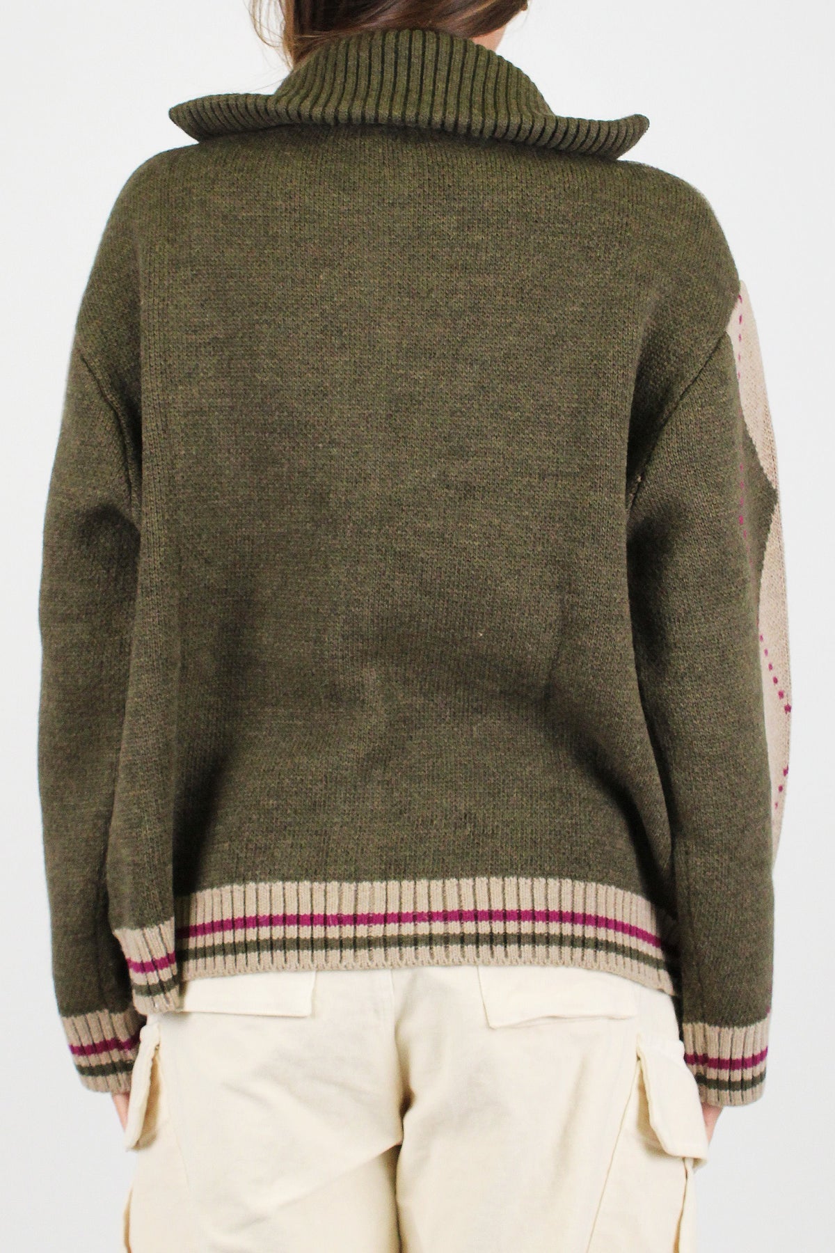 Motel - Cardigan fantasia rombi in misto lana con chiusura zip e profilo a contrasto