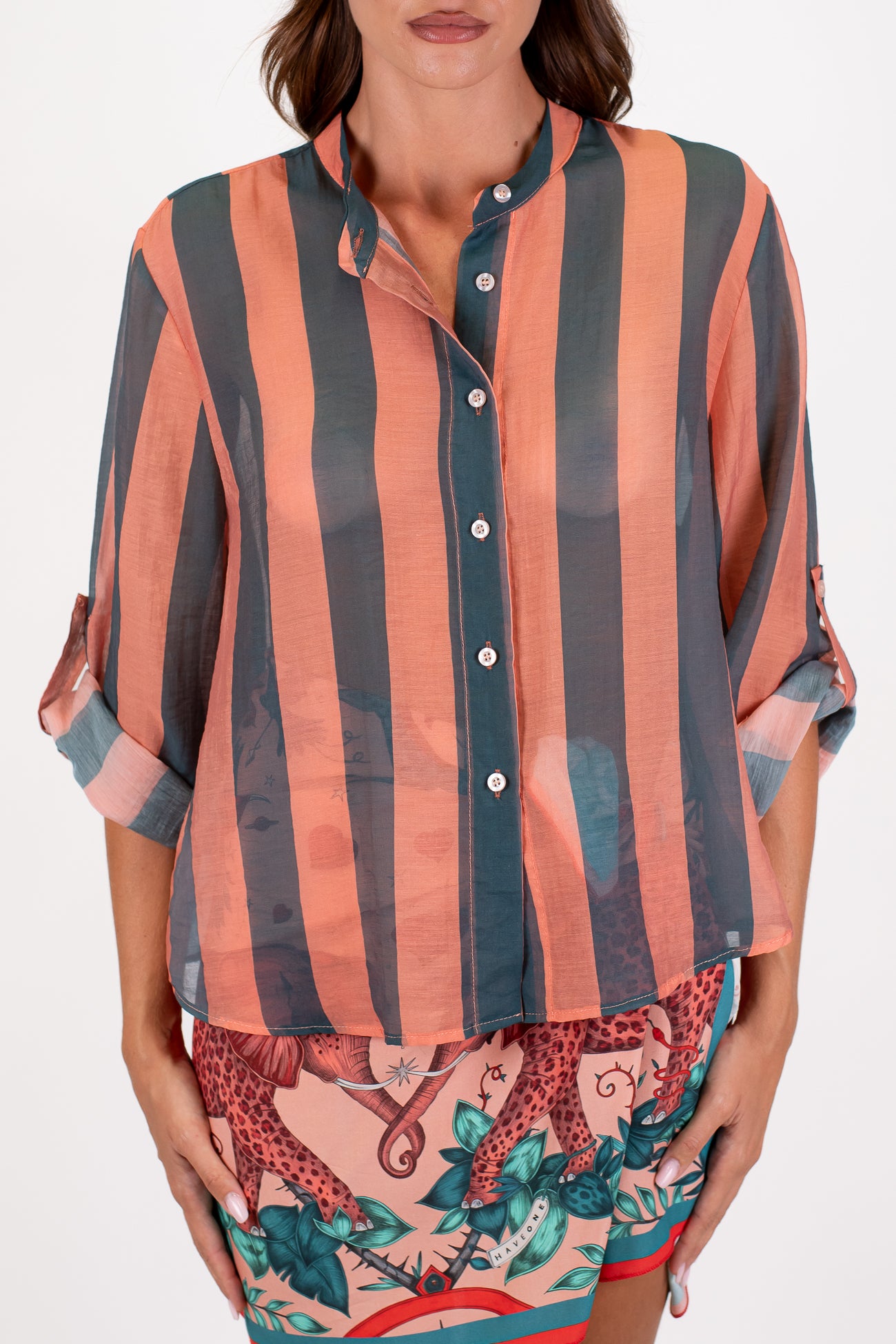 Haveone - Camicia fantasia a righe a contrasto in lyocell con manica tre quarti