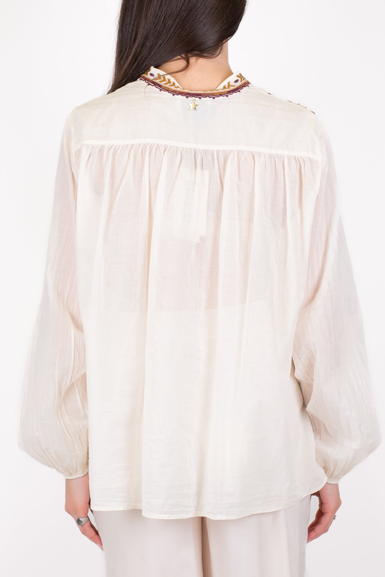 Souvenir - Camicia fantasia etnica ricamata in mussola di cotone con collo coreano