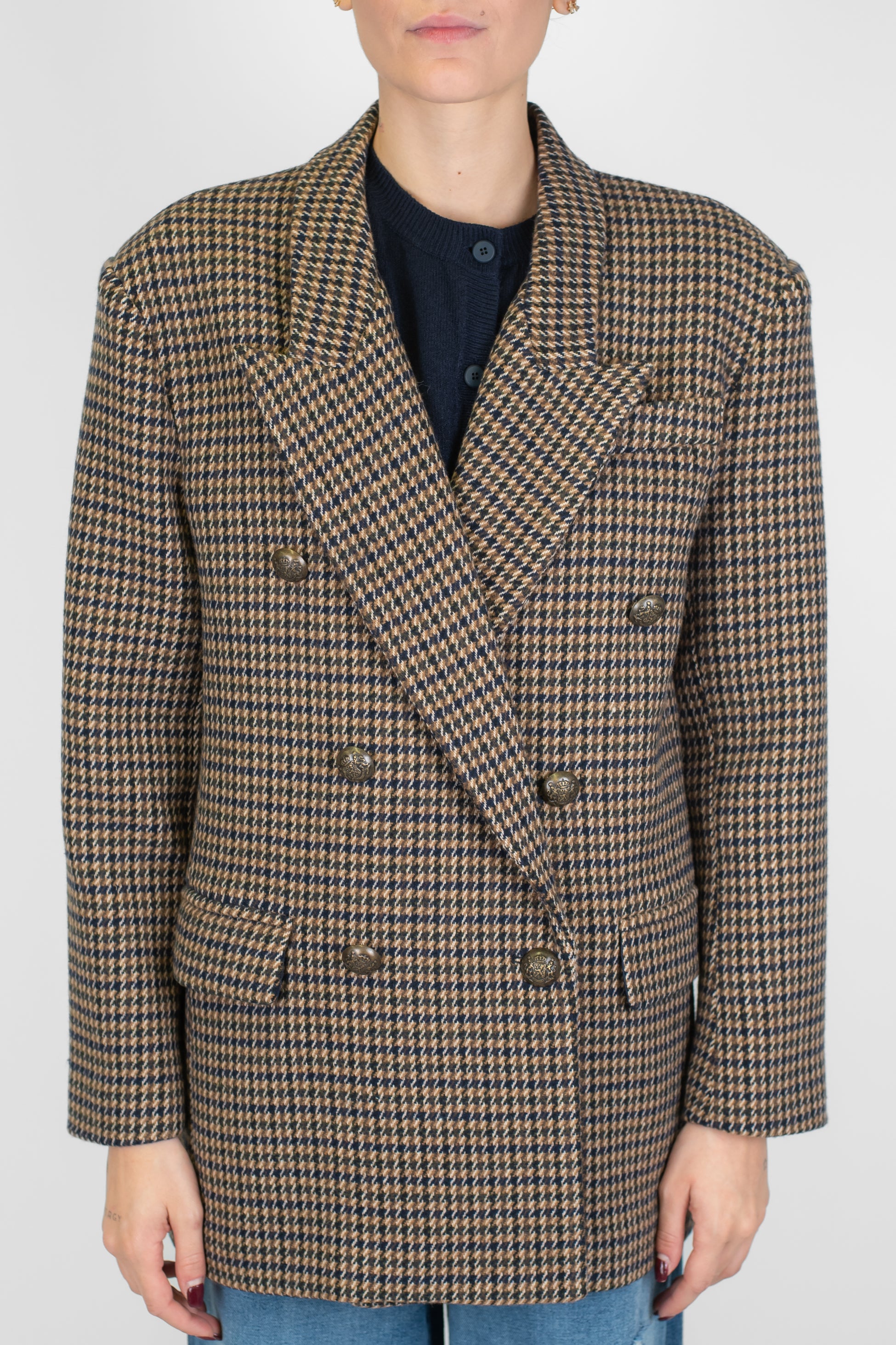 Tensione in - Blazer doppiopetto fantasia pied de poule in misto lana con rever ampio a lancia