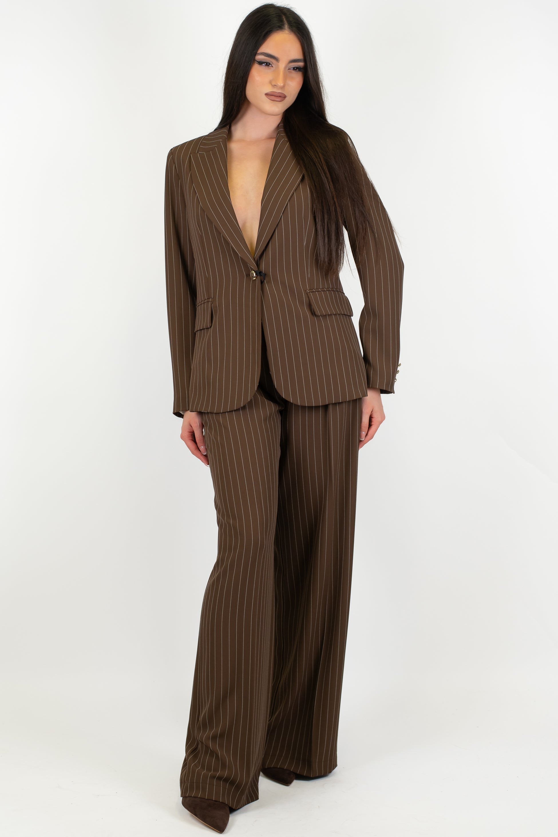 Maryley - Pantalone palazzo gessato con pinces ed elastico sul retro