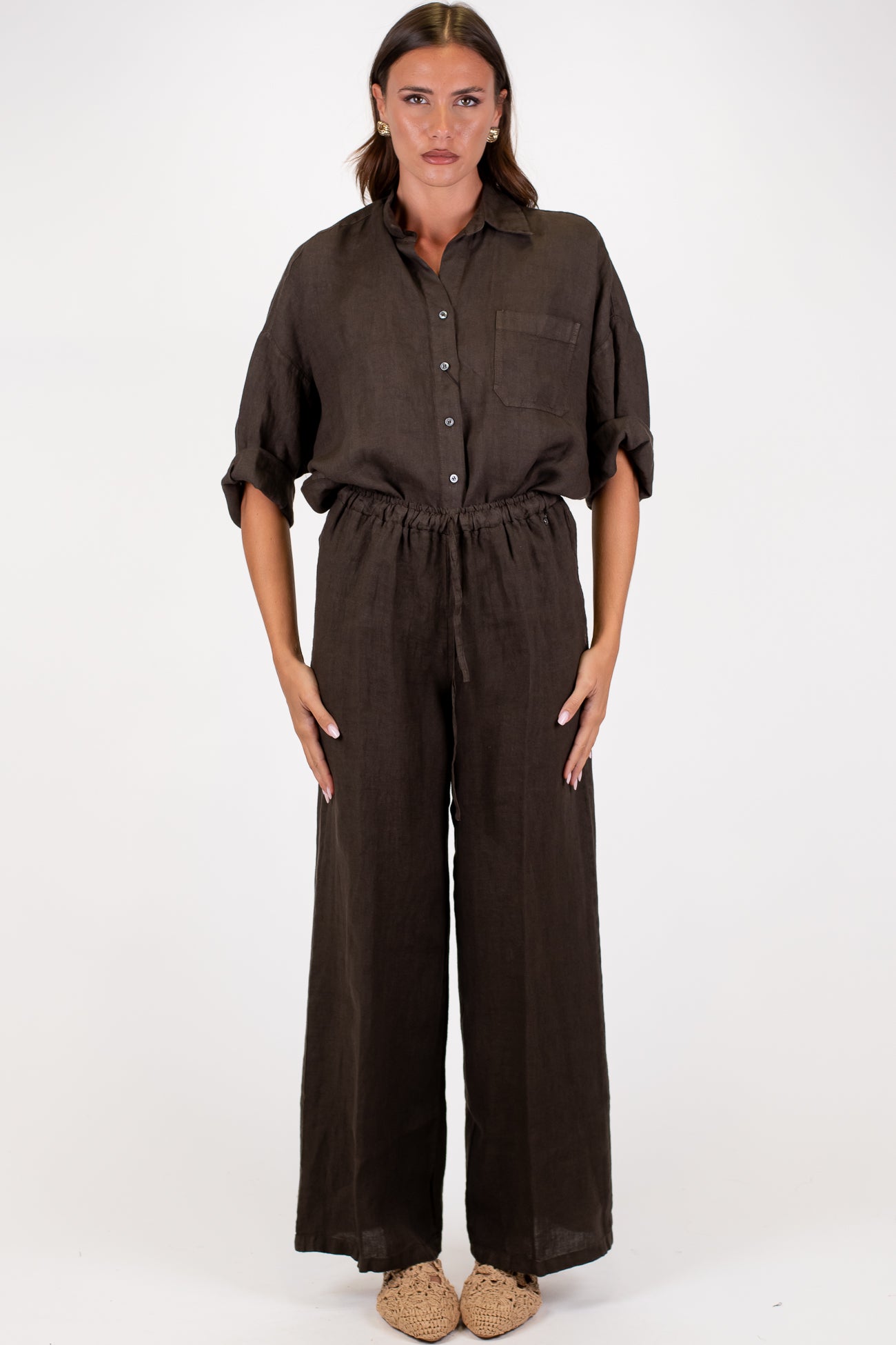 Dixie - Coordinato in puro lino camicia con taschino e pantalone palazzo con coulisse