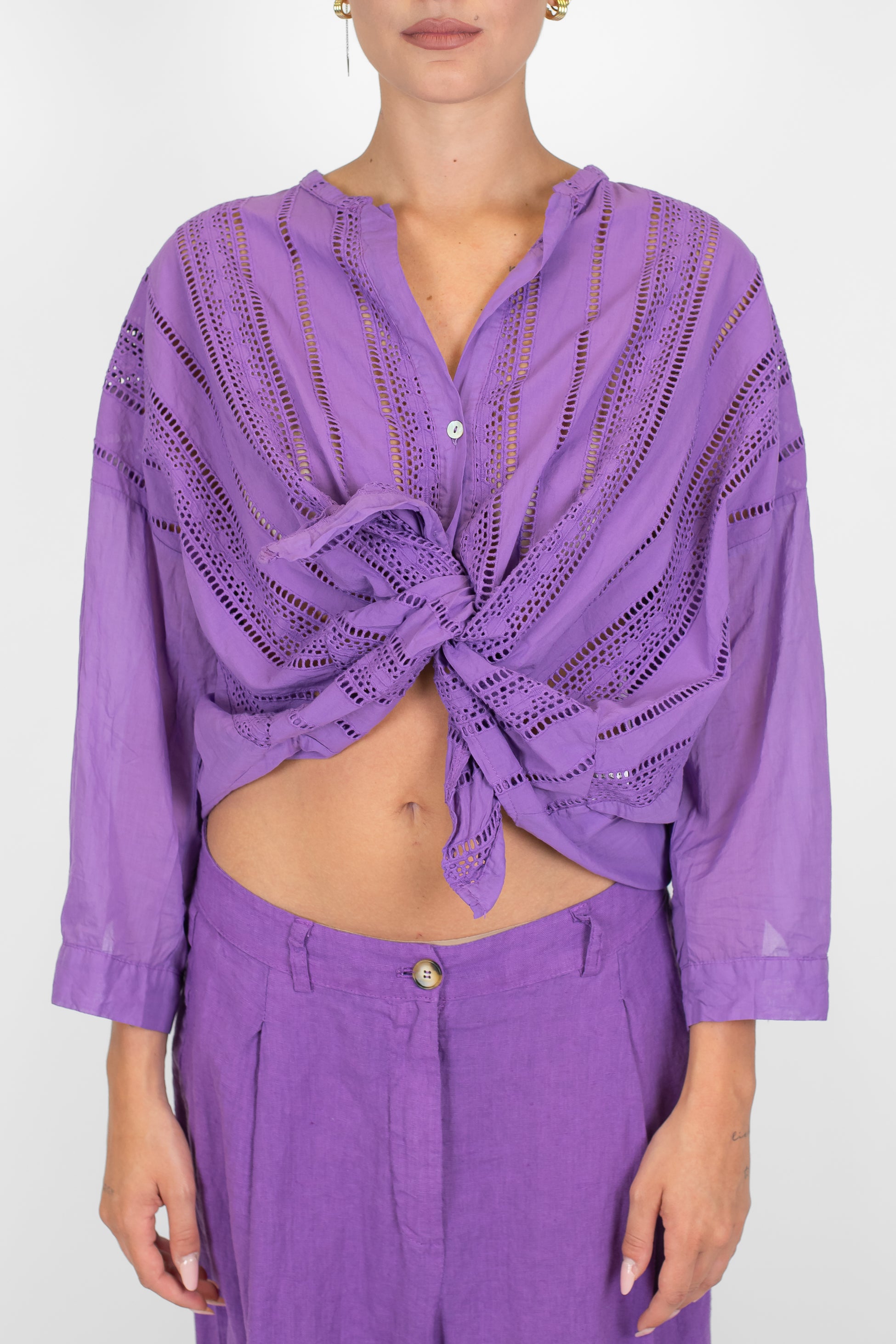 Motel - Camicia in cotone traforato con collo coreano