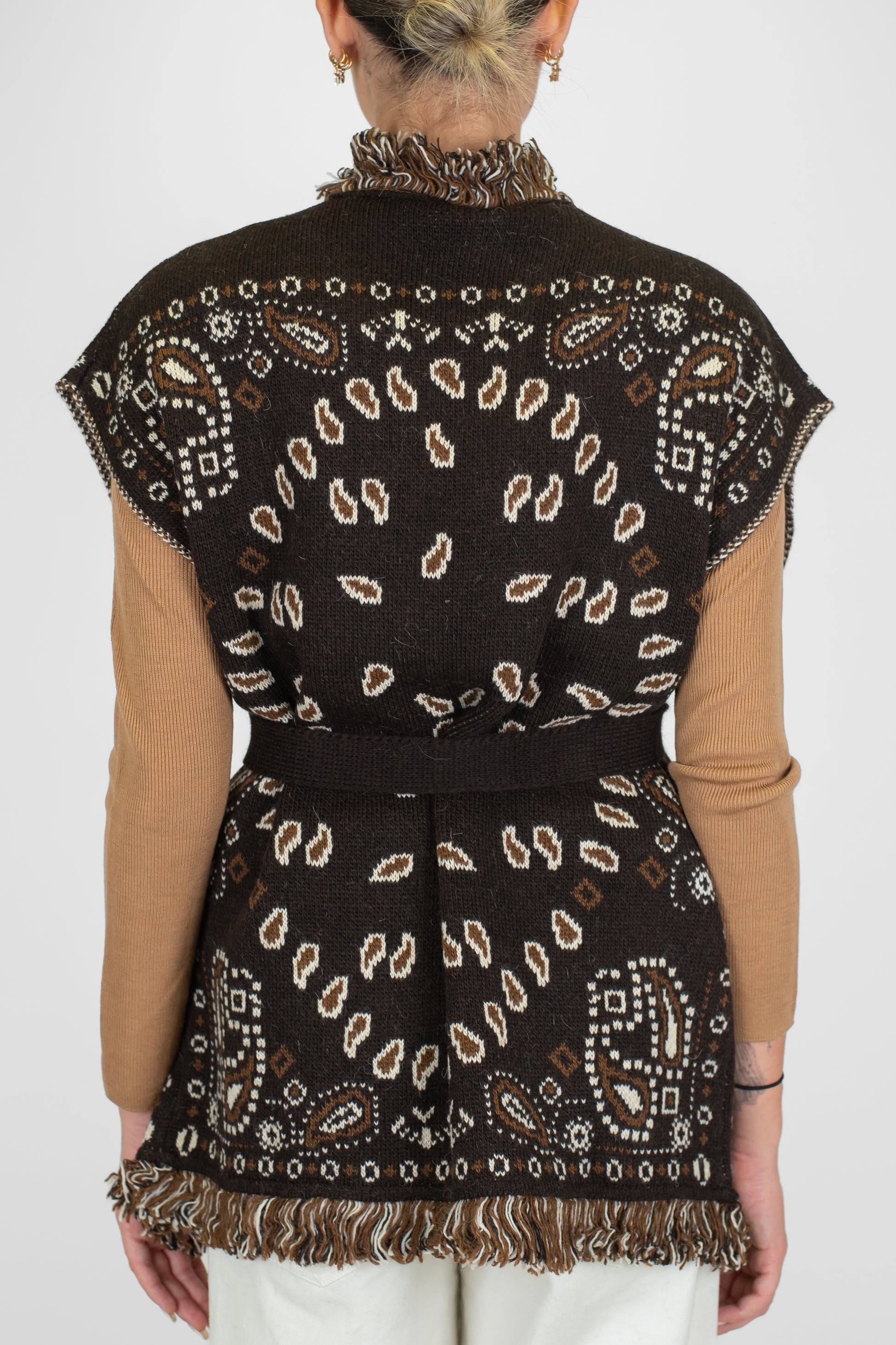 Tensione in - Cardigan giromaniche fantasia in misto lana con frange e cintura in tessuto