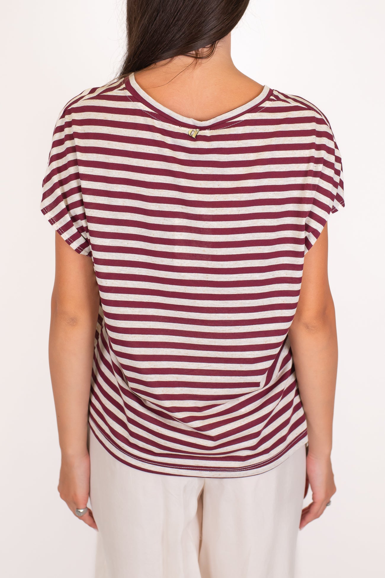 Dixie - T-shirt fantasia a righe in misto lino con scollo a V