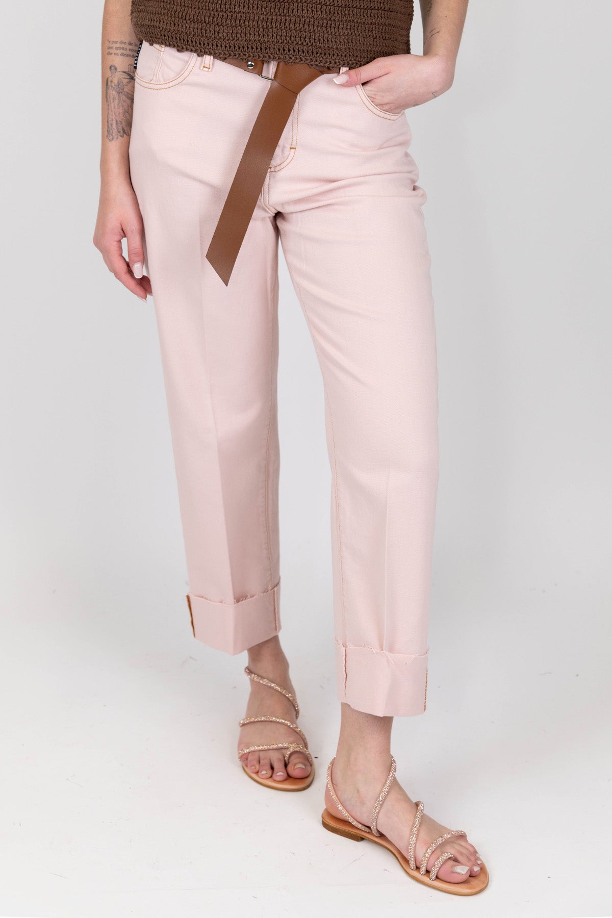 Haveone - Pantalone regular in denim colorato con maxi risvolto sul fondo