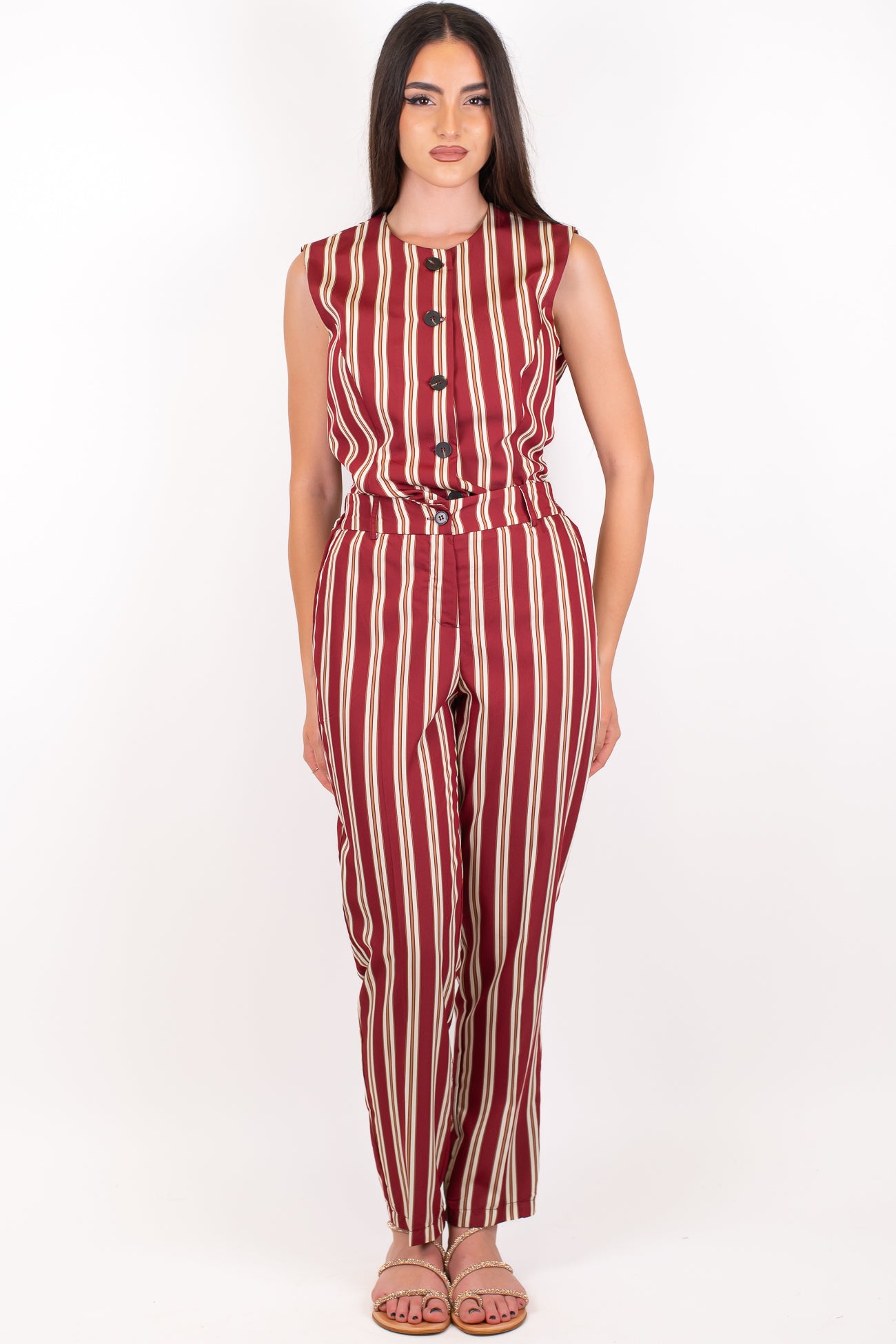 Motel - Coordinato fantasia a righe con gilet svasato e pantalone slim con elastico sul retro