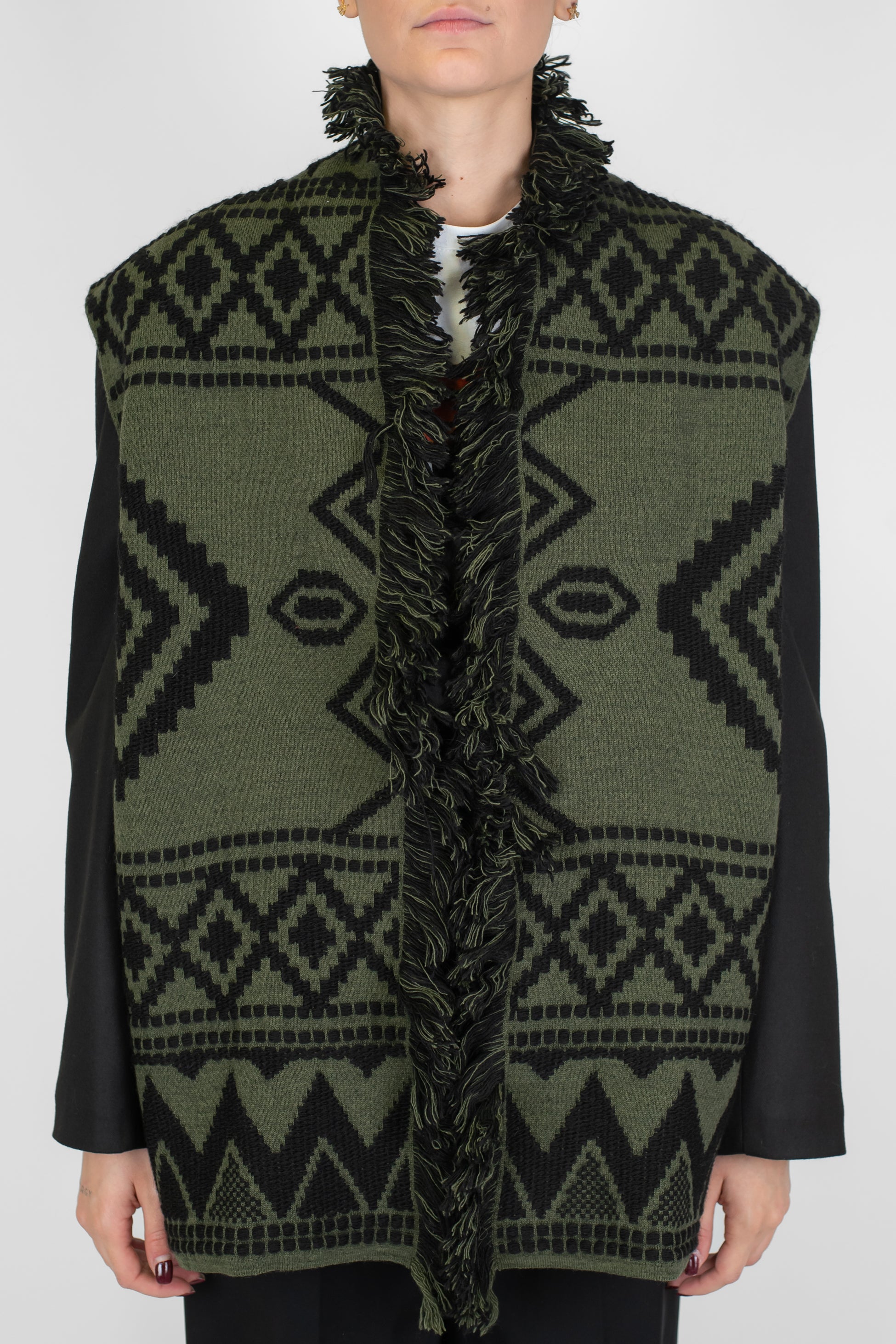 Motel - Gilet lungo aperto fantasia etnica in misto lana con frange