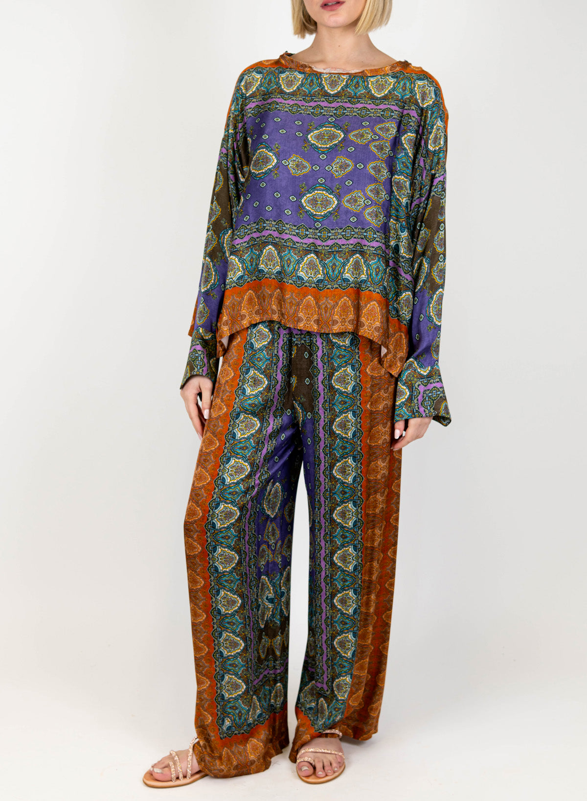 Motel - Pantalone palazzo fantasia astratta in viscosa con elastico in vita