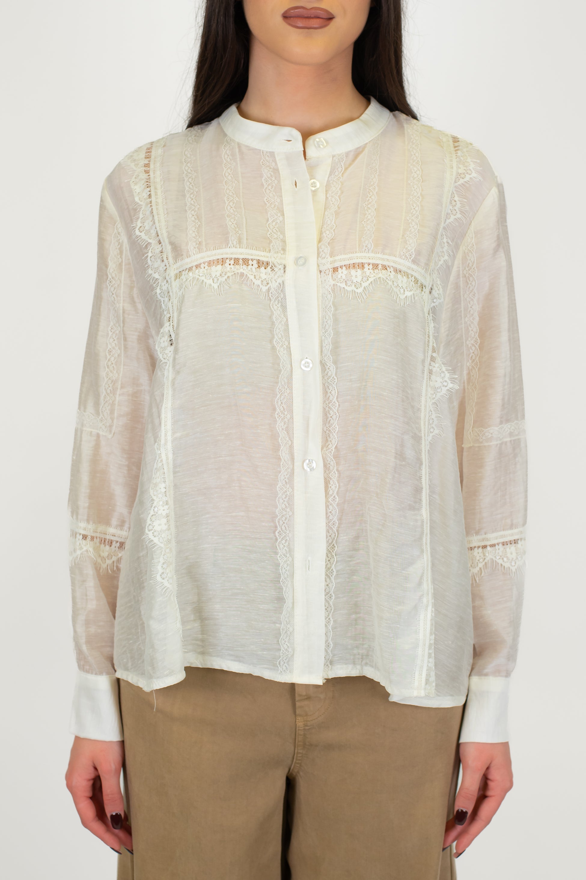 Haveone - Camicia in misto lino e pizzo con collo coreano