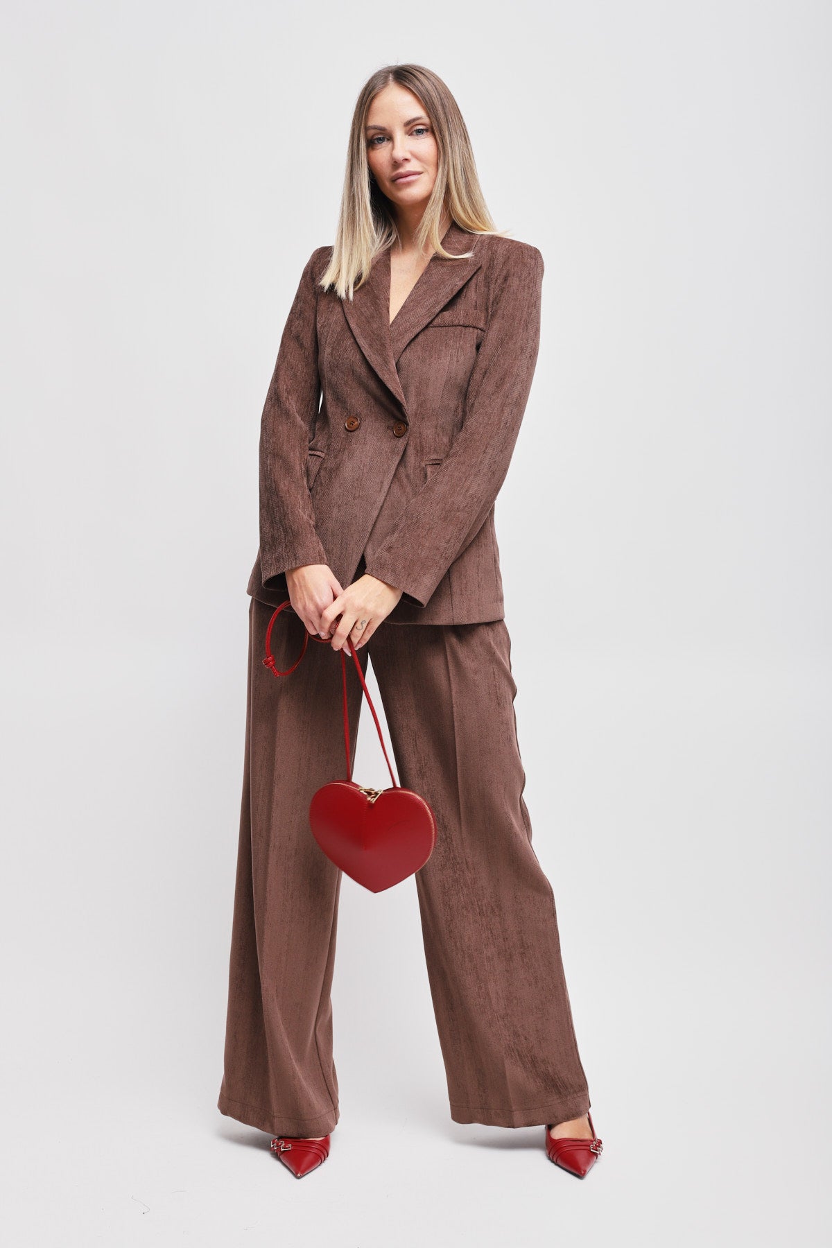 Maryley - Pantalone palazzo tessuto spigato in velluto con elastico sul retro