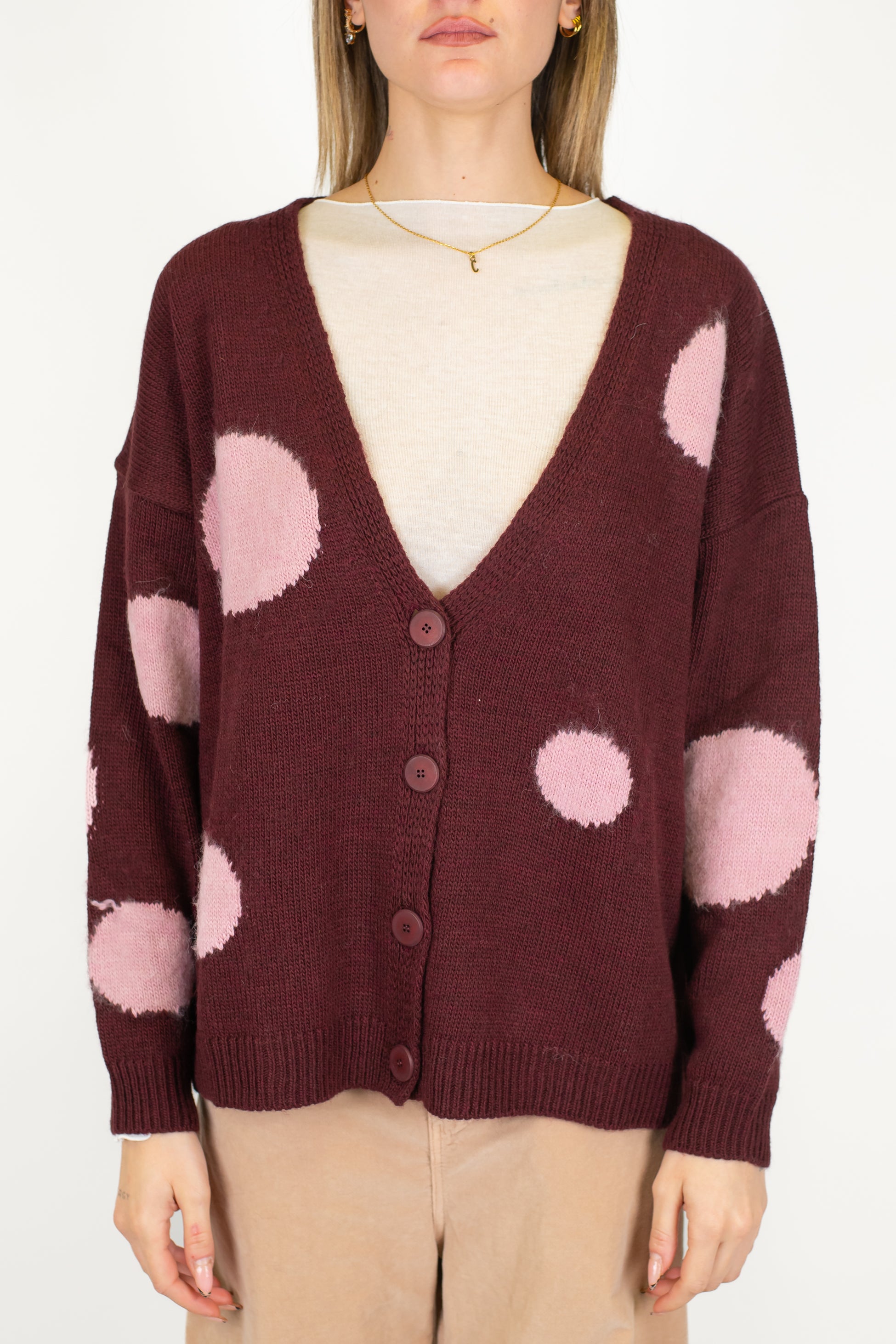 Maryley - Cardigan over con pois contrasto in misto lana con spalline