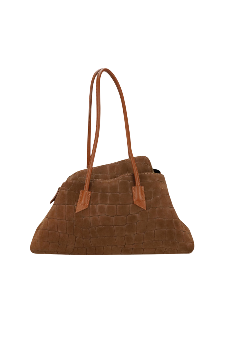 Borsa trapezio in camoscio cocco con manici e tracolla