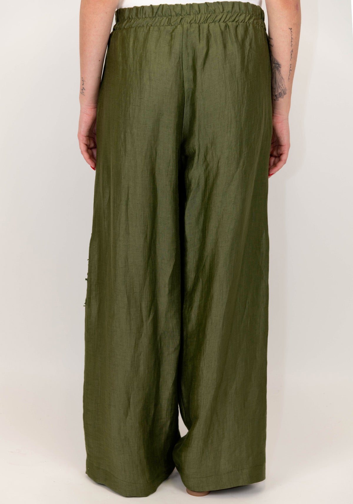 Maryley - Pantalone palazzo in lino con ricami ed elastico in vita