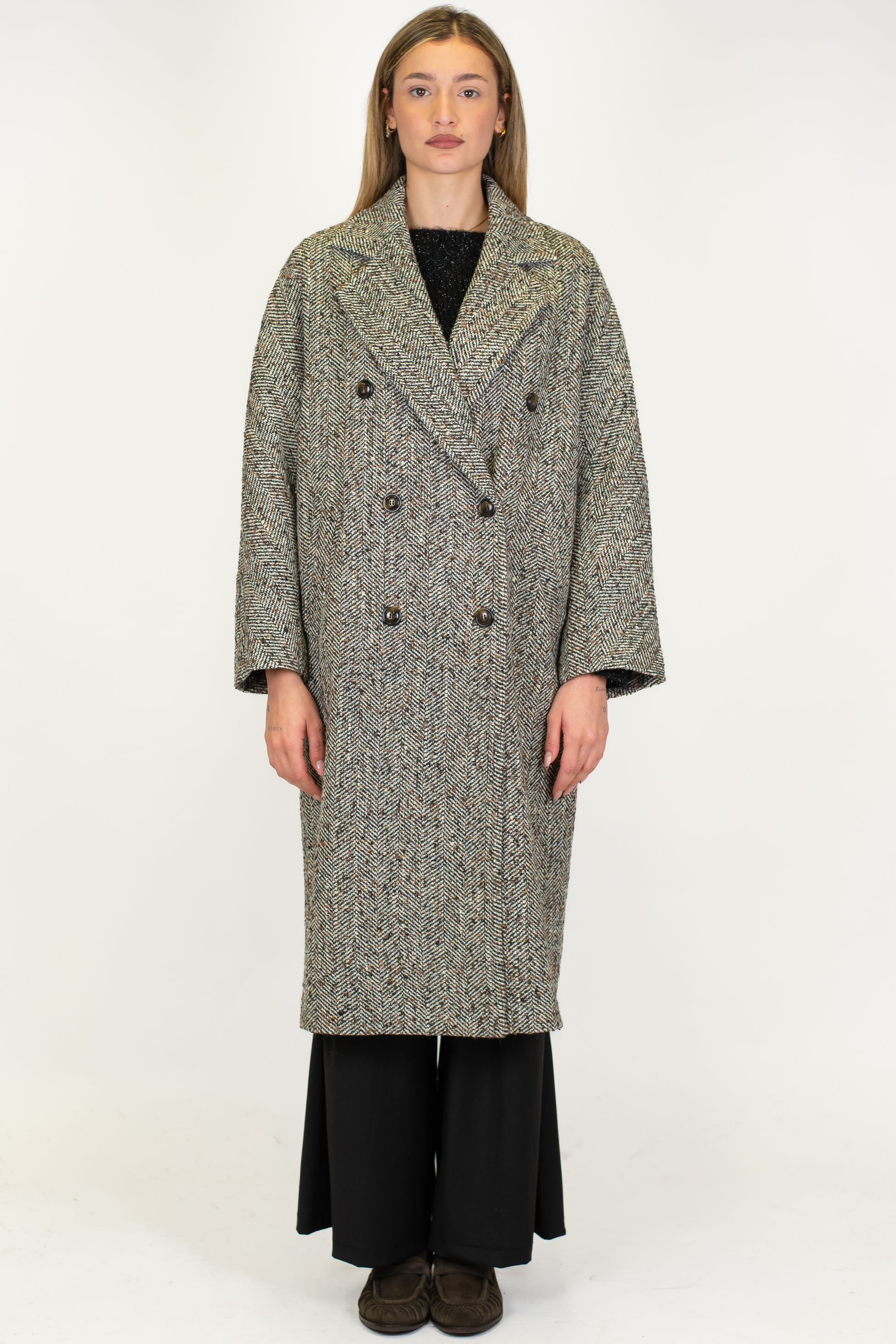 Tensione in - Cappotto doppiopetto fantasia spigata in misto lana