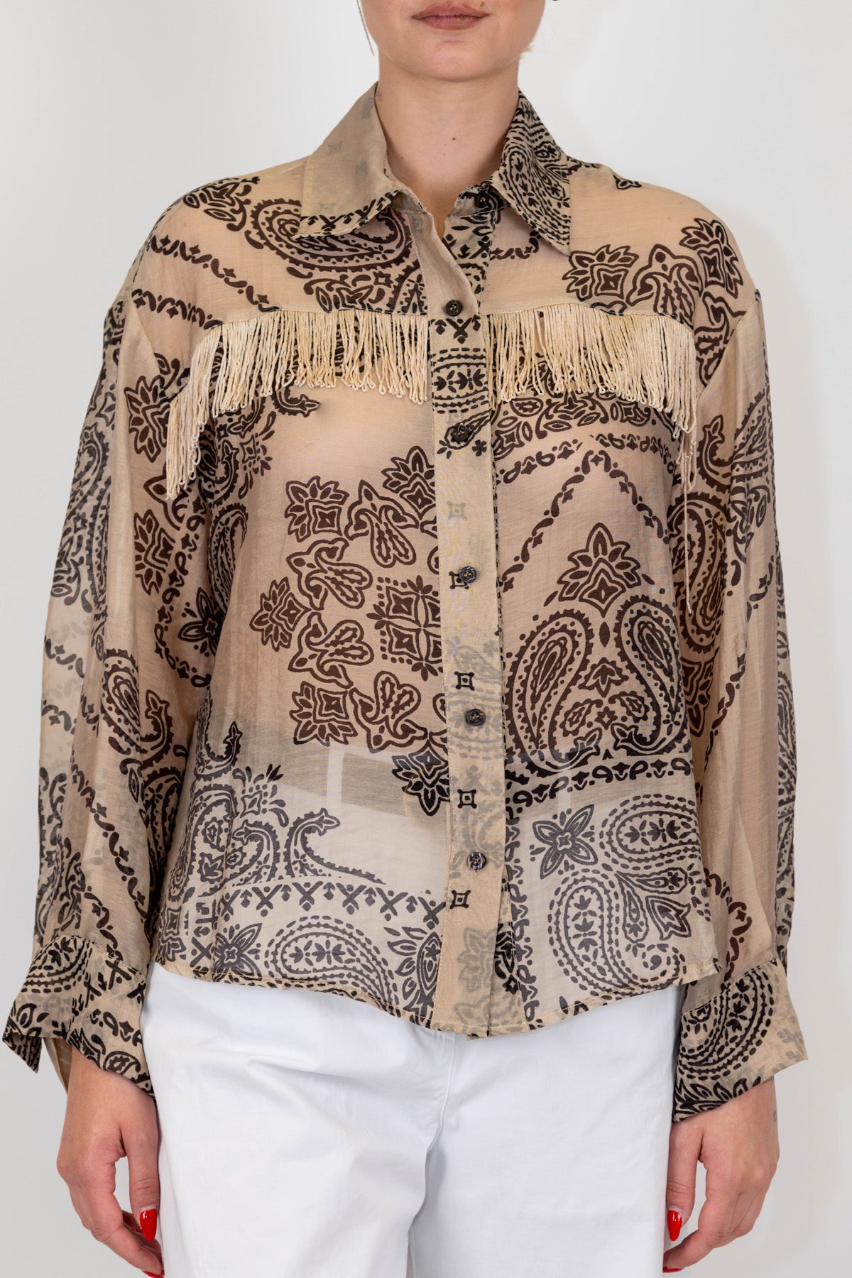 Haveone - Camicia fantasia etnica in lyocell con frange