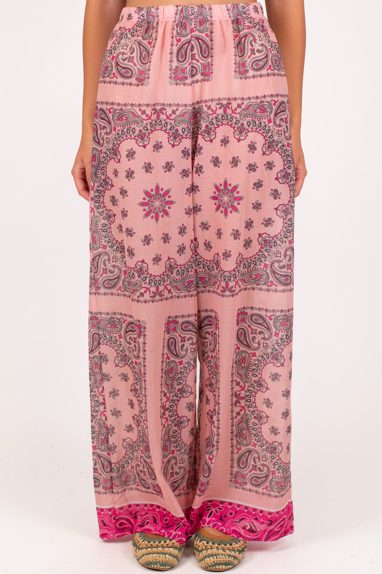 Tensione in - Pantalone palazzo fantasia astratta in viscosa leggera con elastico in vita