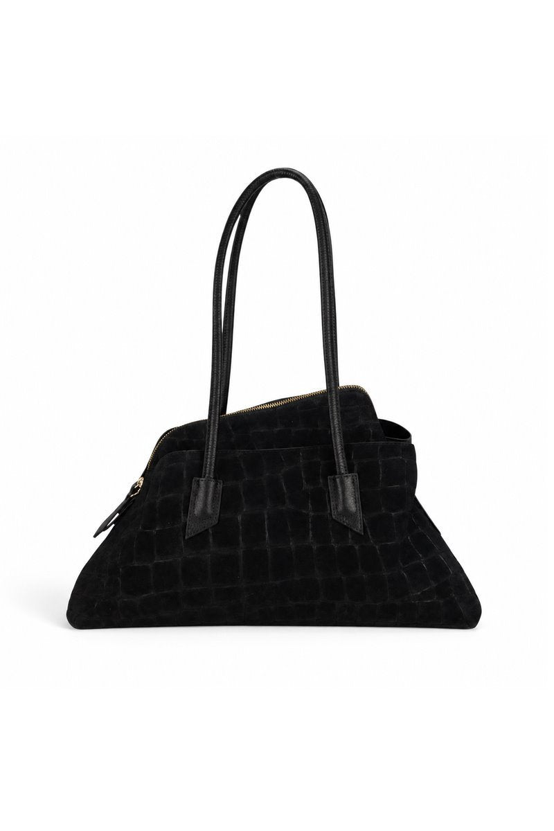 Borsa trapezio in camoscio cocco con manici e tracolla