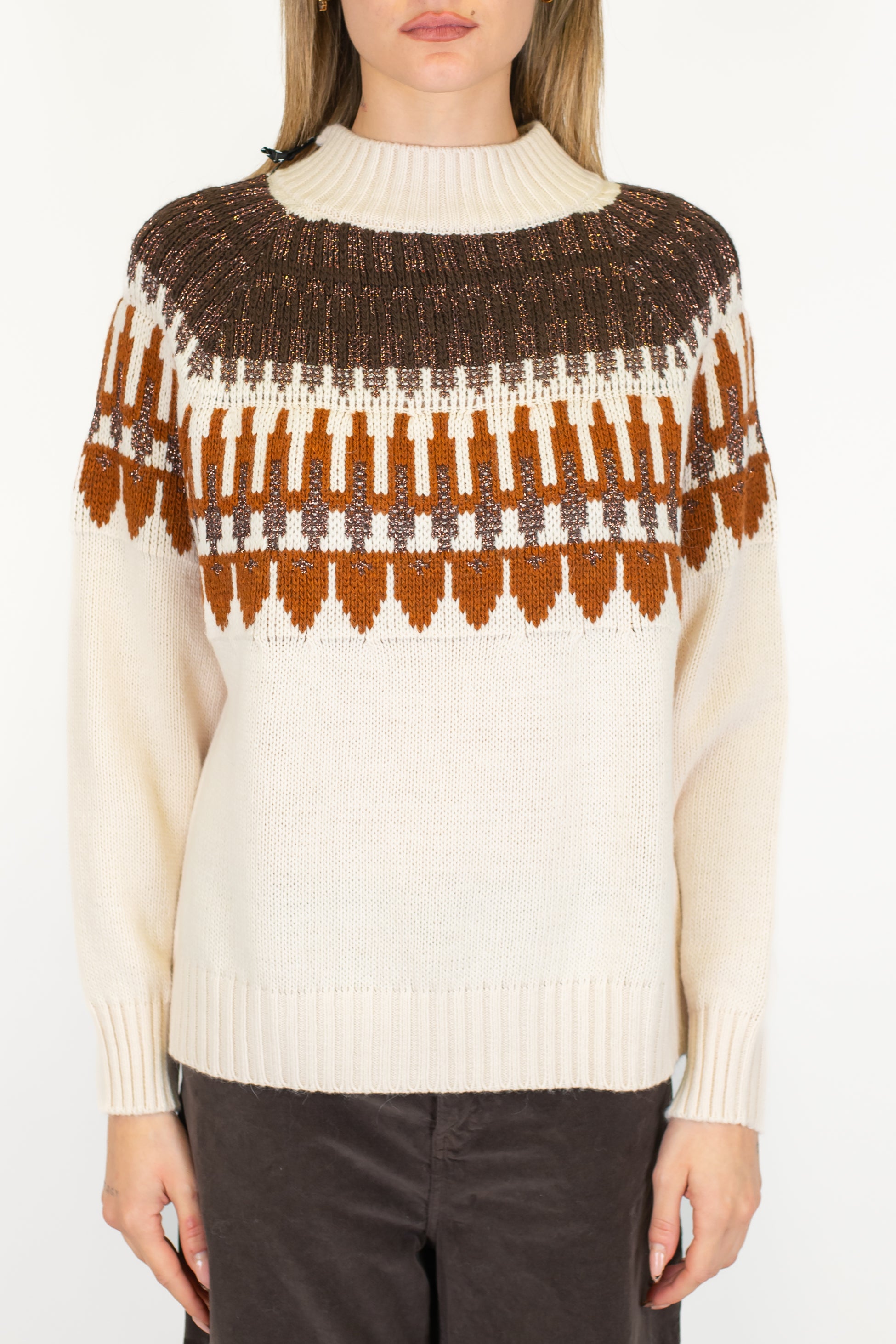 Haveone - Maglia fantasia jacquard lurex scollo cratere in misto lana