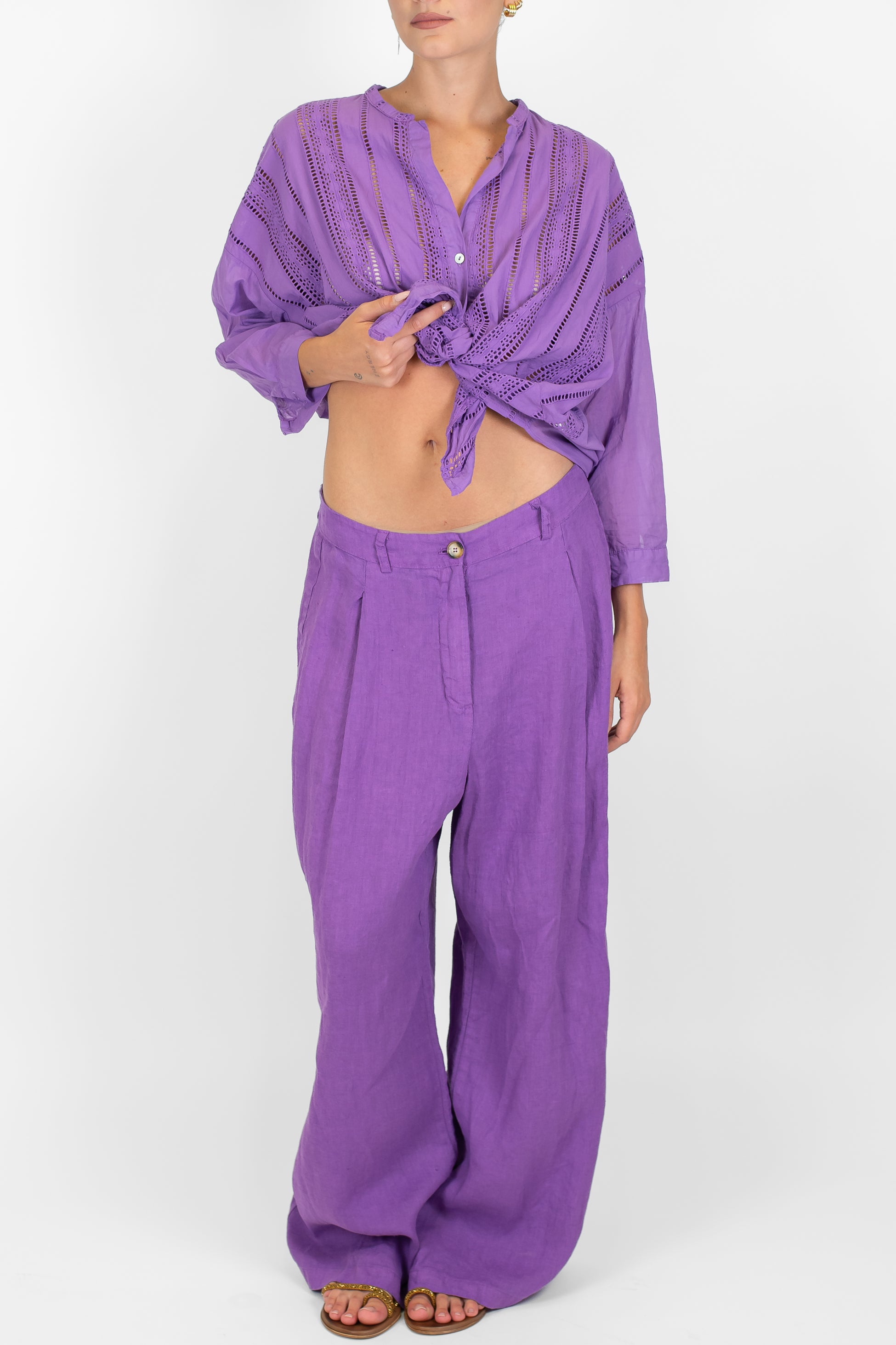 Motel - Camicia in cotone traforato con collo coreano