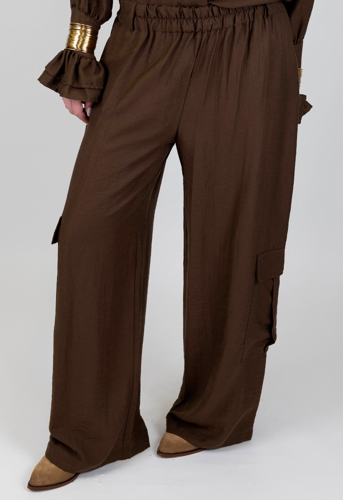 Haveone - Pantalone cargo palazzo in misto lino con elastico in vita