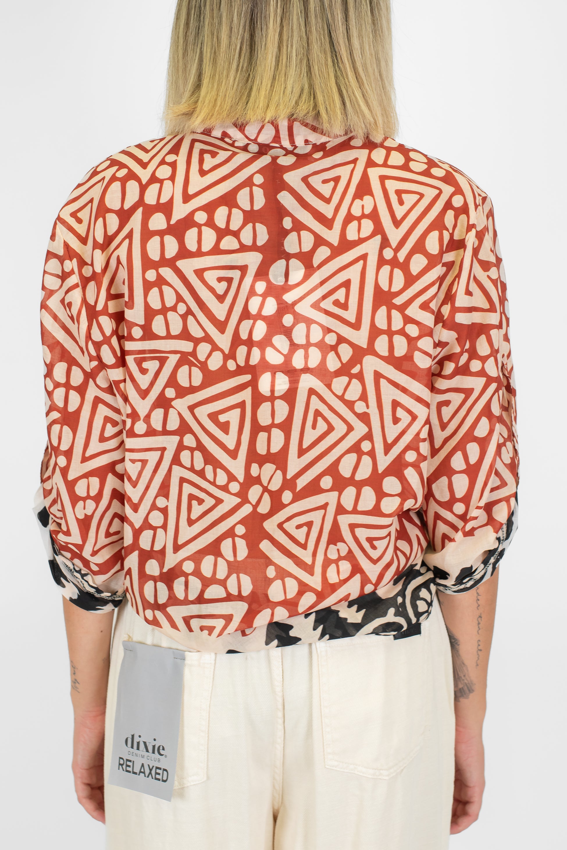 Haveone - Camicia fantasia etnica in viscosa con collo coreano e manica tre quarti