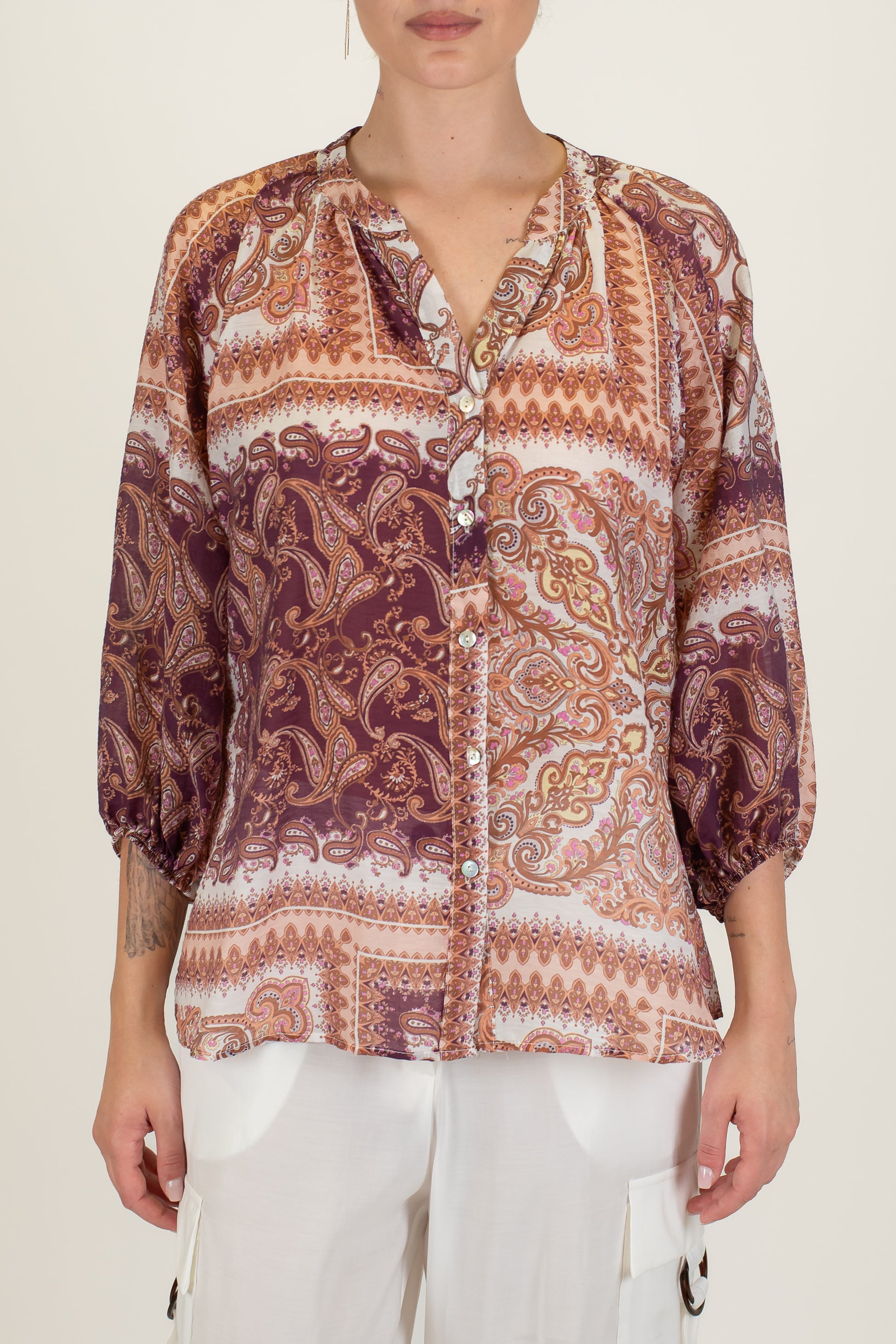 Motel - Camicia fantasia astratta in lyocell con manica tre quarti