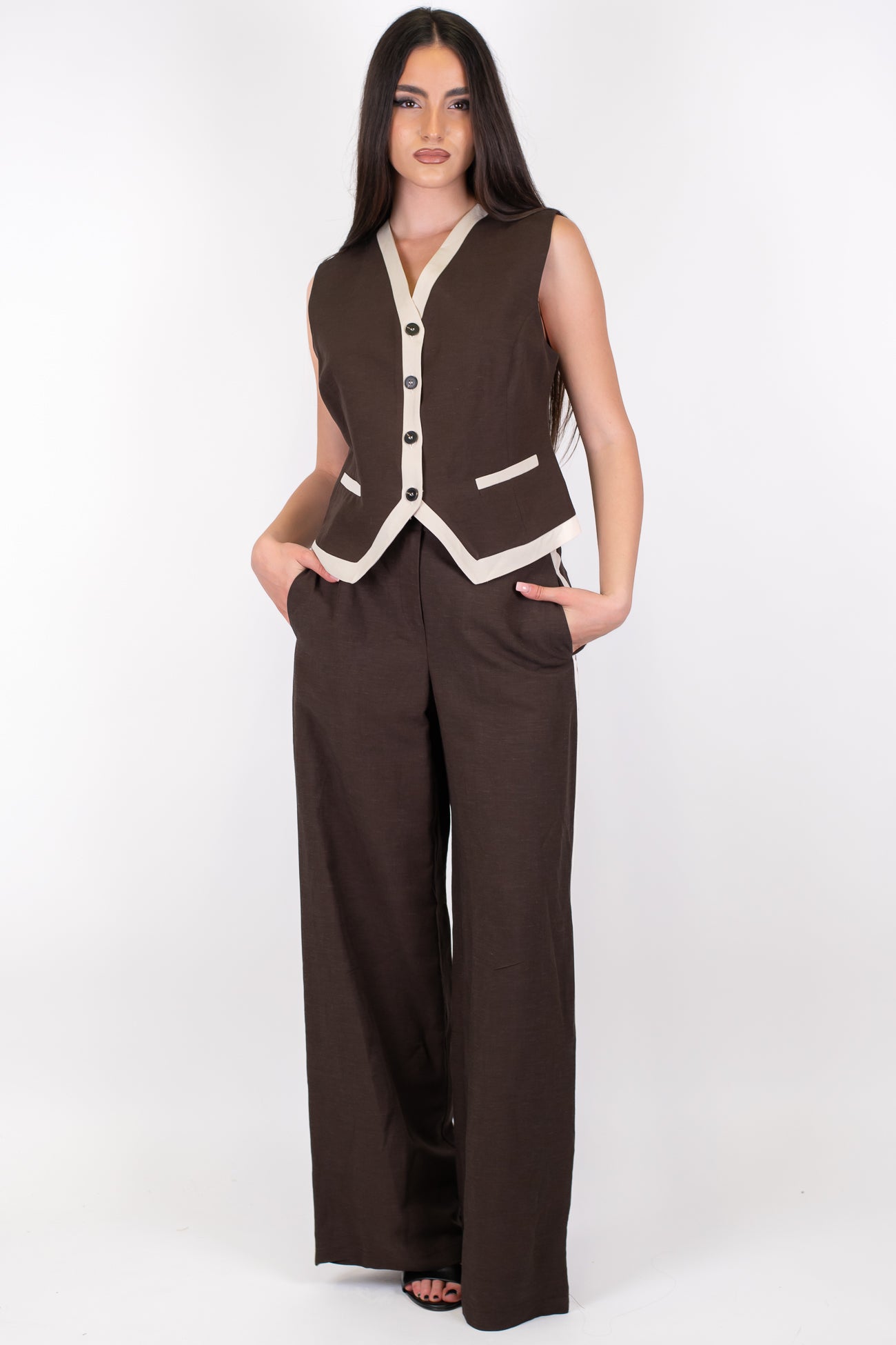 Motel - Coordinato gilet e pantalone palazzo in misto lino con elastico sul retro e banda laterale a contrasto
