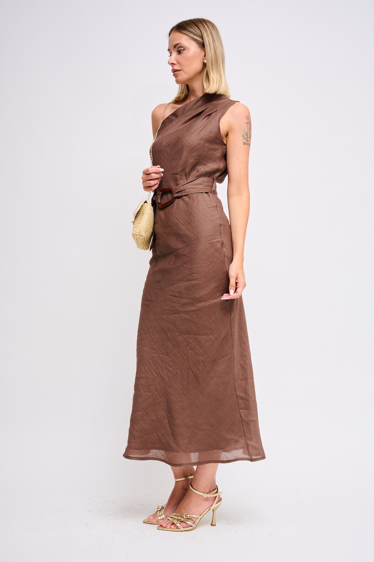 Maryley - Abito lungo monospalla in lino con cintura in vita