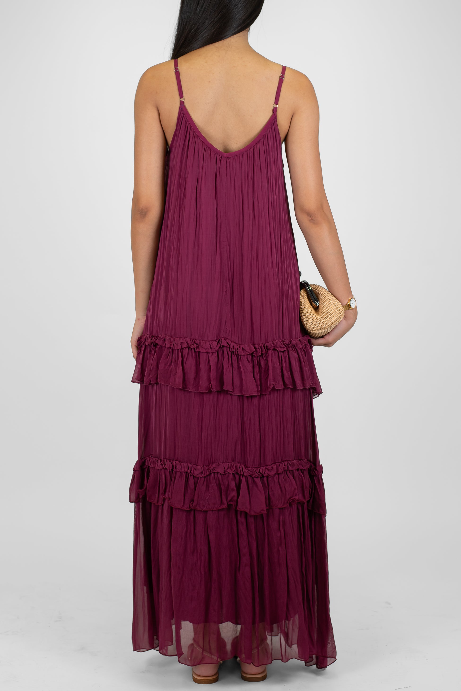 Dixie - Abito lungo in misto seta con bretelline e balze con rouches