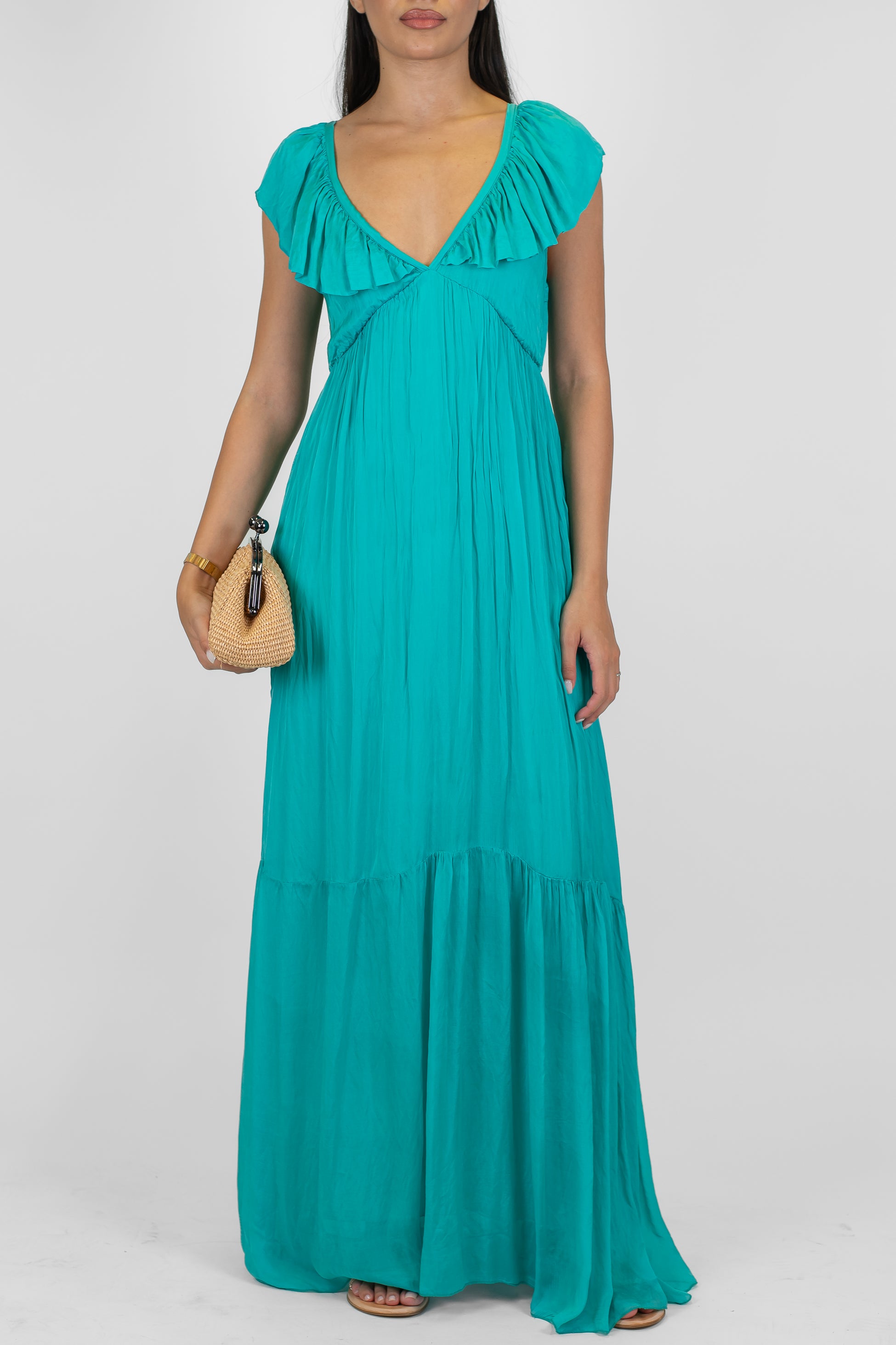 Dixie - Abito lungo in misto seta con scollo a V e rouches